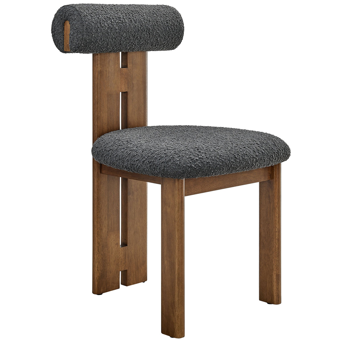 Torian boucle dining chair with curved charcoal seat and rolled backrest on a sturdy walnut frame || EEI-6960-WAL-CHA || front_angle_studio