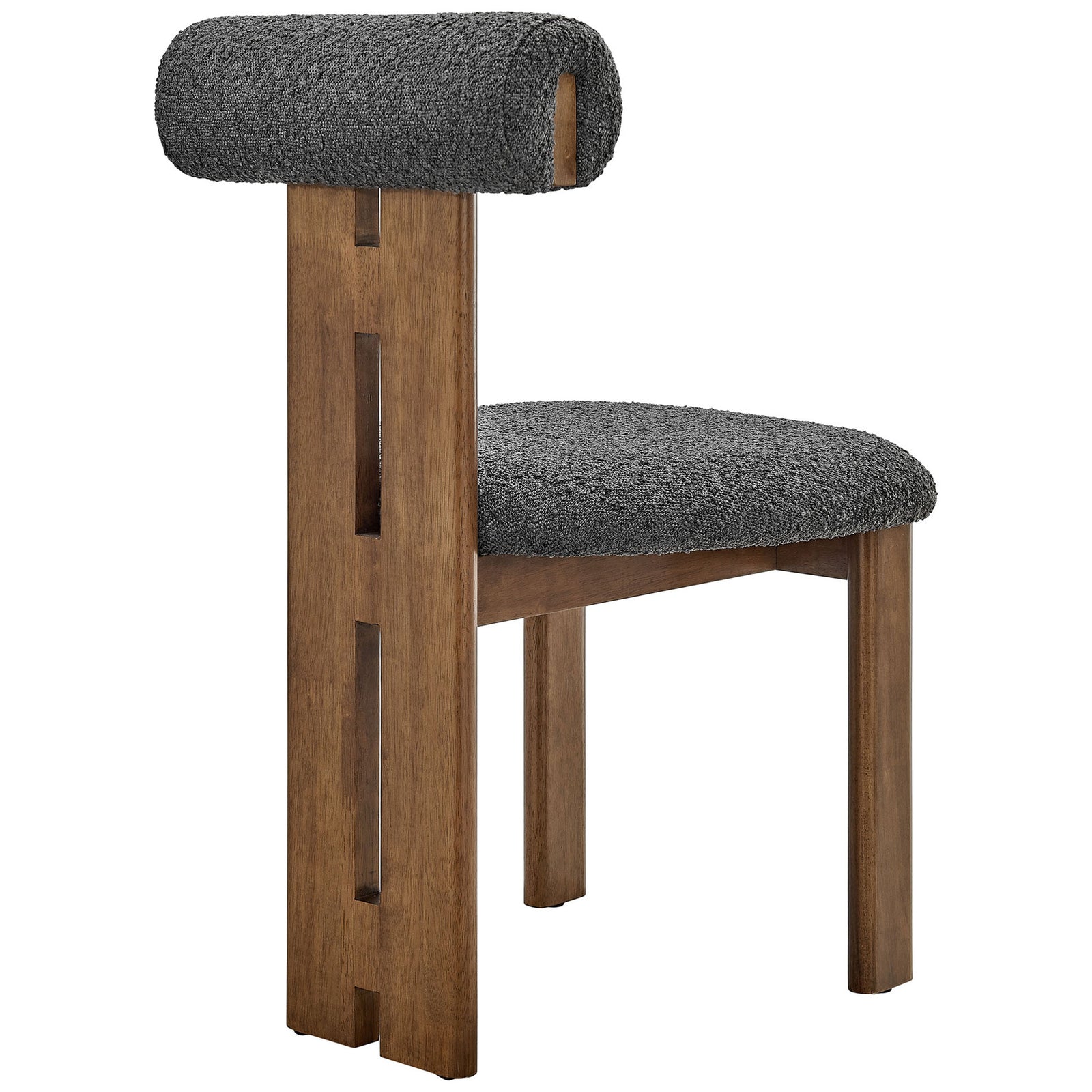 Torian chair design emphasizes artistic cutout back leg, rolled headrest, and rich walnut grain || EEI-6960-WAL-CHA || back_angle_studio