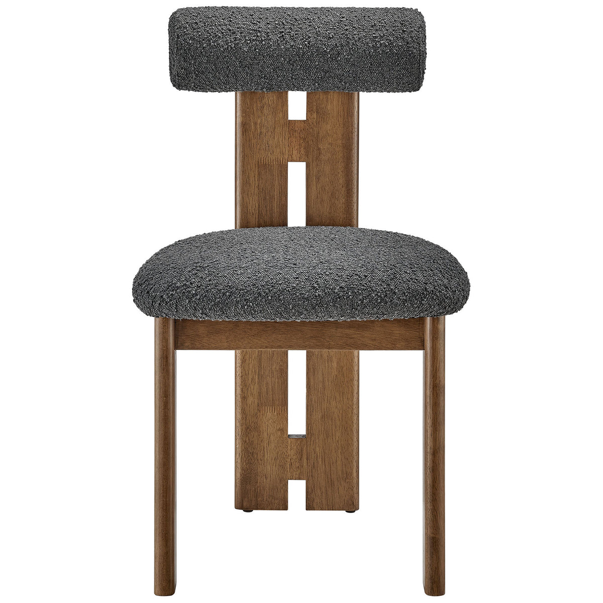 Torian dining chair features double beamed back leg, plush charcoal boucle seat, and supportive rolled pillow back || EEI-6960-WAL-CHA || front_studio