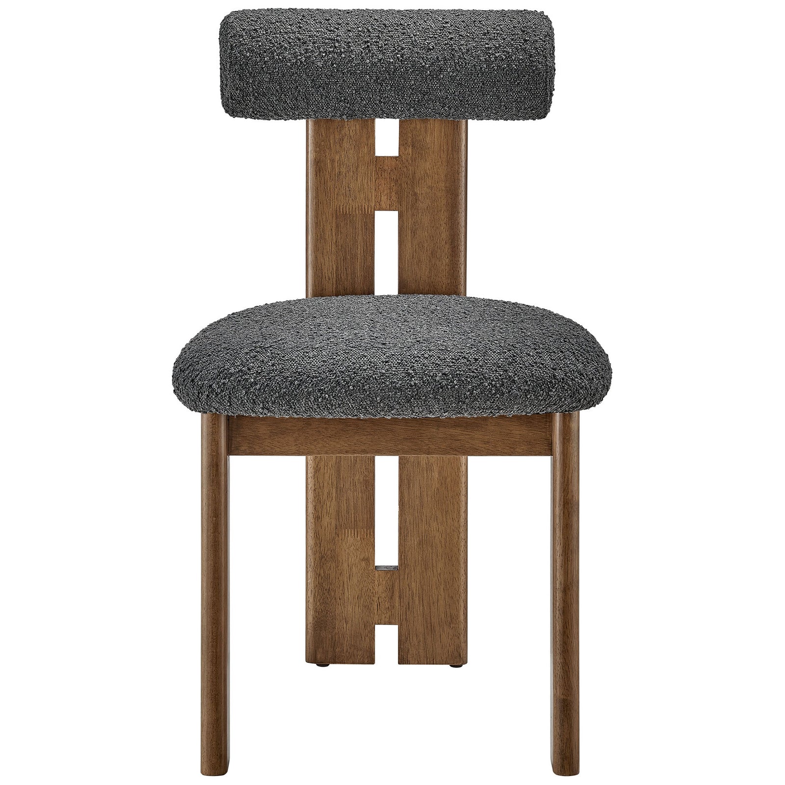 Torian dining chair features double beamed back leg, plush charcoal boucle seat, and supportive rolled pillow back || EEI-6960-WAL-CHA || front_studio