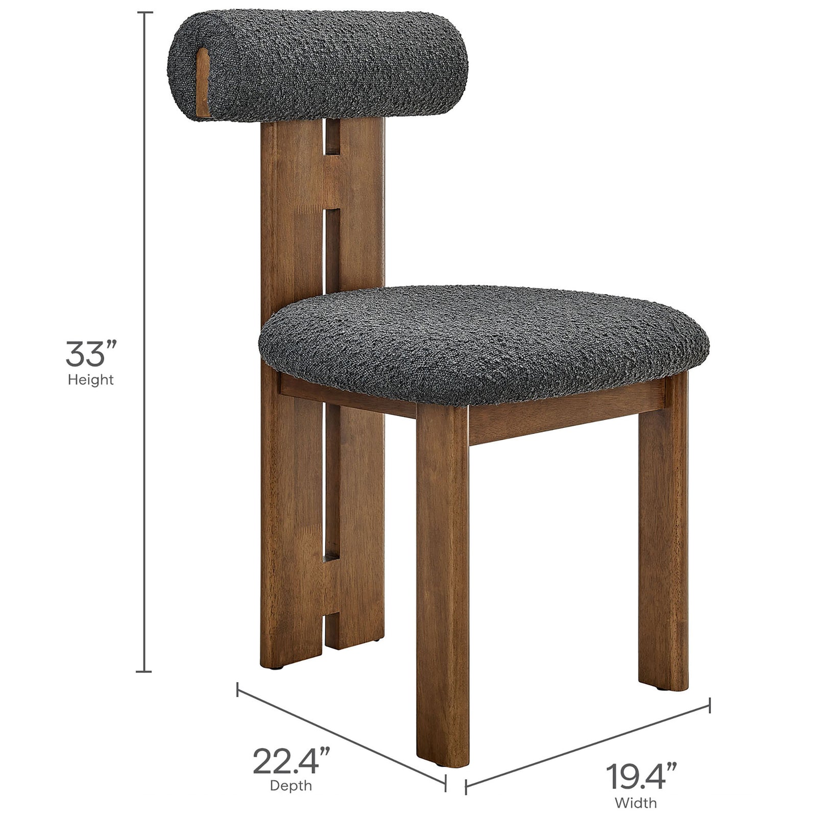 Dimension graphic for Torian boucle dining chair with clearly labeled height, width, and depth measurements || EEI-6960-WAL-CHA || dimension_studio