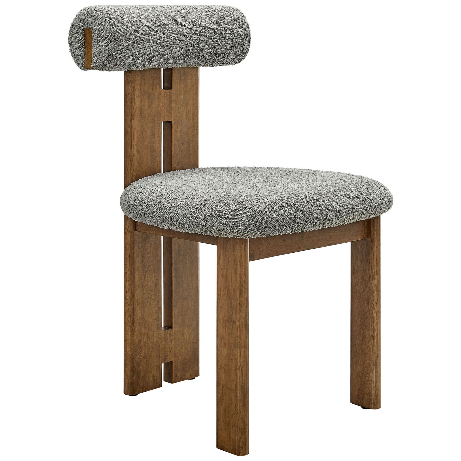 Walnut and light gray boucle dining chair with sculptural three-leg base and openwork back || EEI-6960-WAL-LGR || front_angle_studio