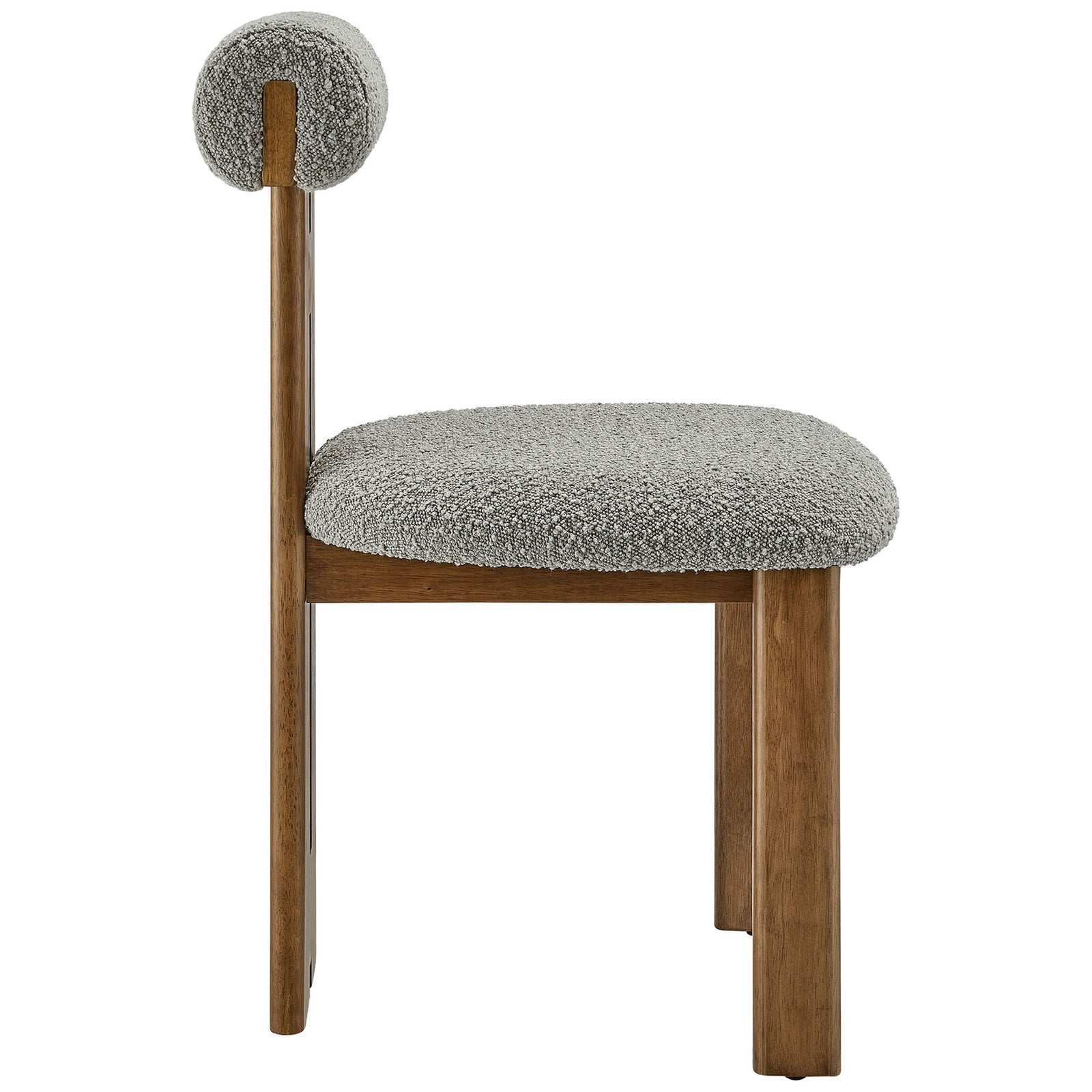 Modern walnut dining chair with rounded gray boucle seat and slim vertical back support || EEI-6960-WAL-LGR || side_studio
