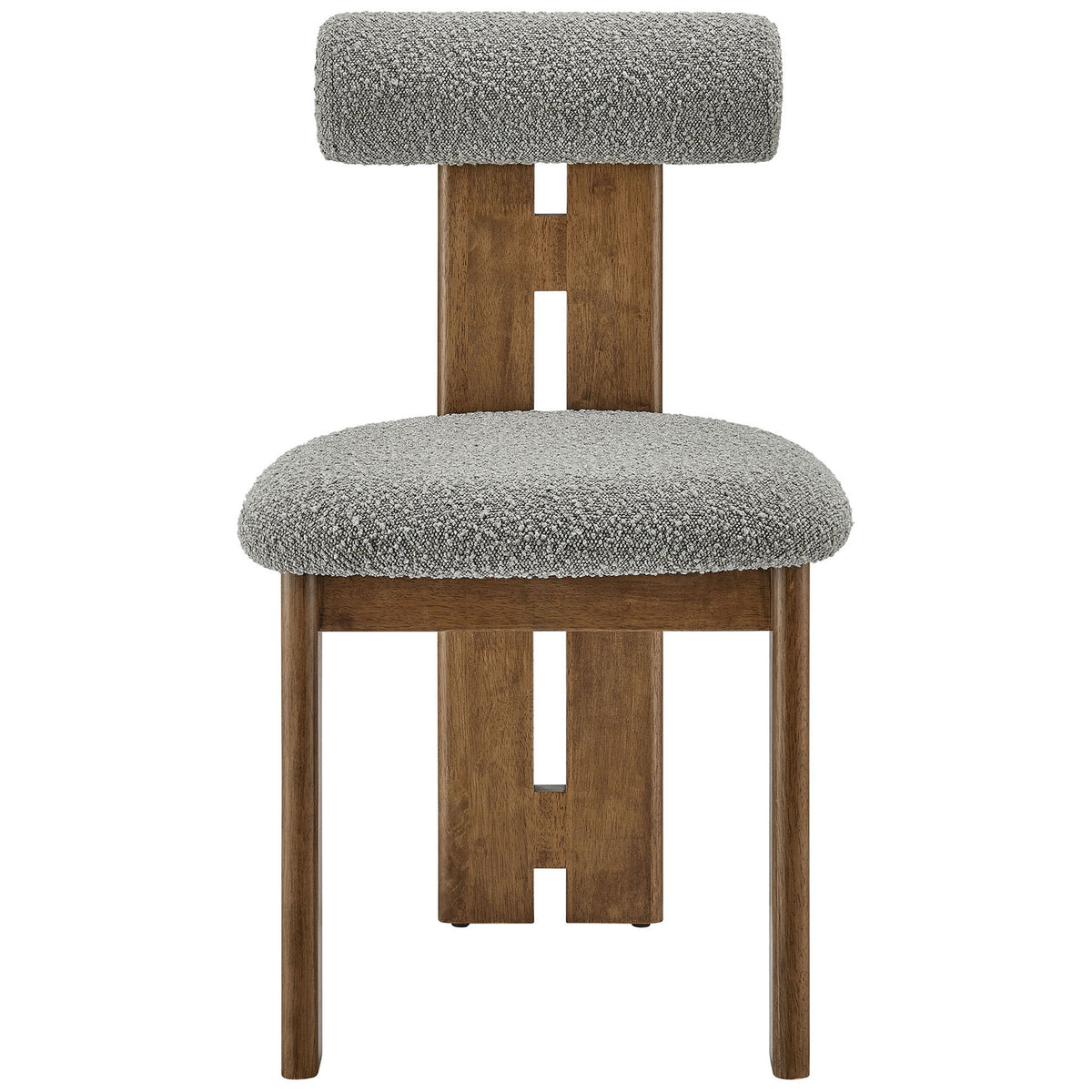 Walnut dining chair with light gray boucle seat and cylindrical padded backrest || EEI-6960-WAL-LGR || front_studio