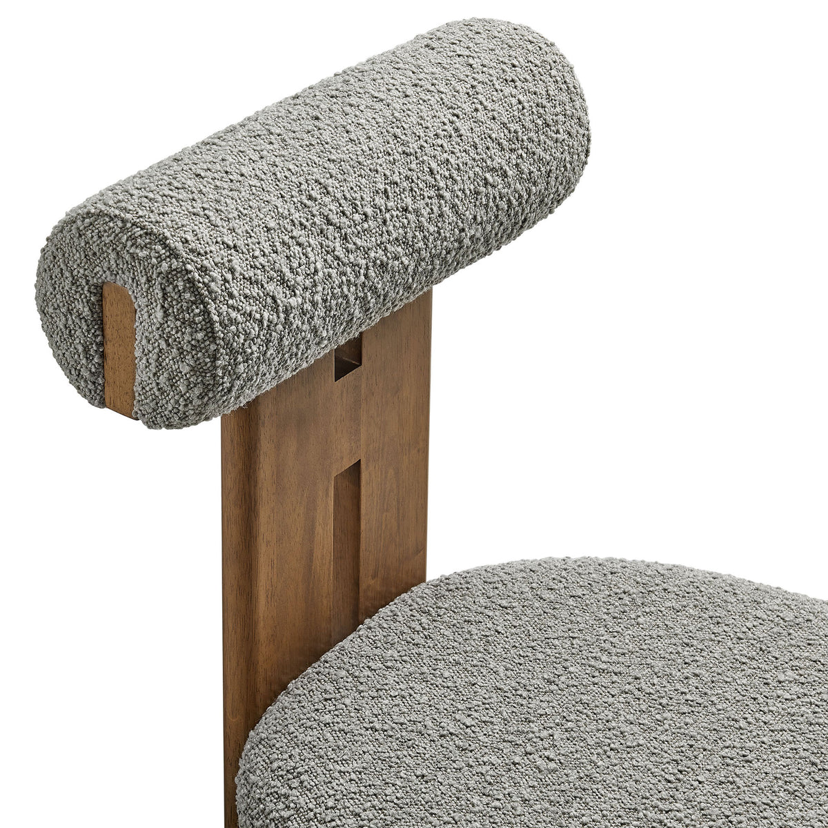 Textured gray boucle upholstery with cylindrical pillow backrest on warm walnut wood frame || EEI-6960-WAL-LGR || detail_studio