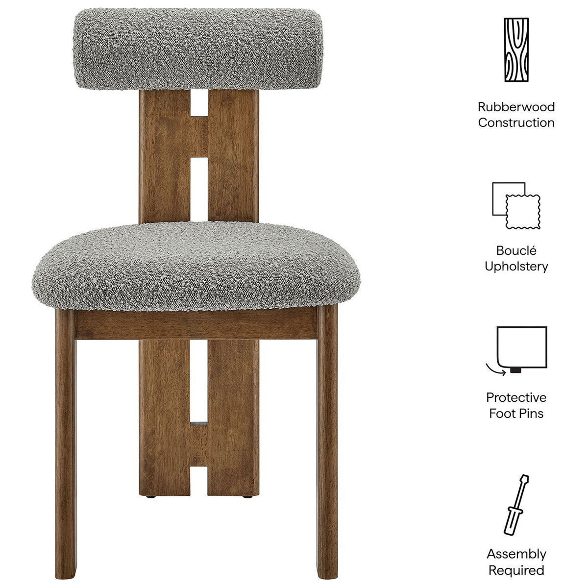 Feature highlights of walnut and gray boucle dining chair including construction and floor protection || EEI-6960-WAL-LGR || callout_studio