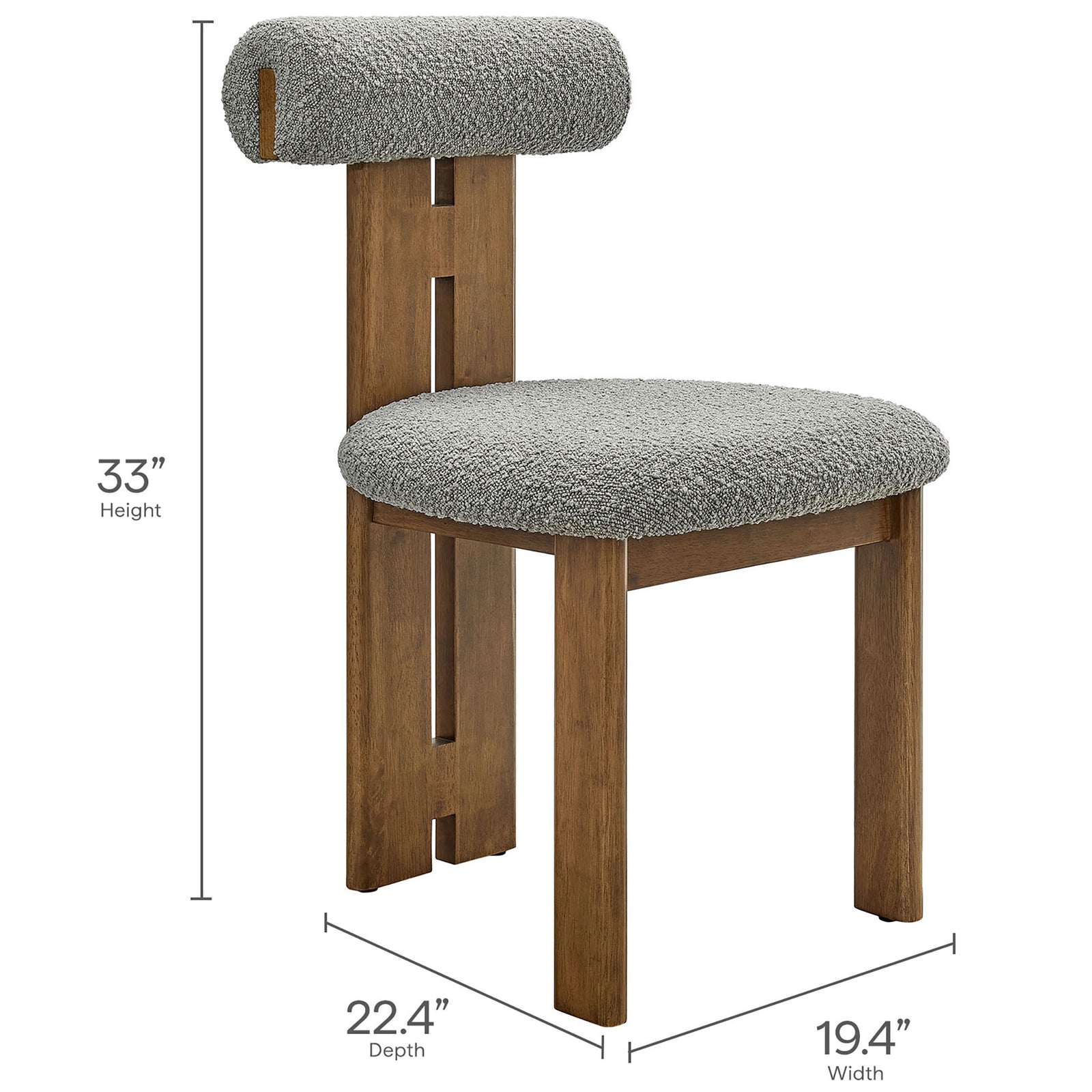 Dimensions of walnut and light gray boucle dining chair showing height, depth, and width measurements || EEI-6960-WAL-LGR || dimension_studio