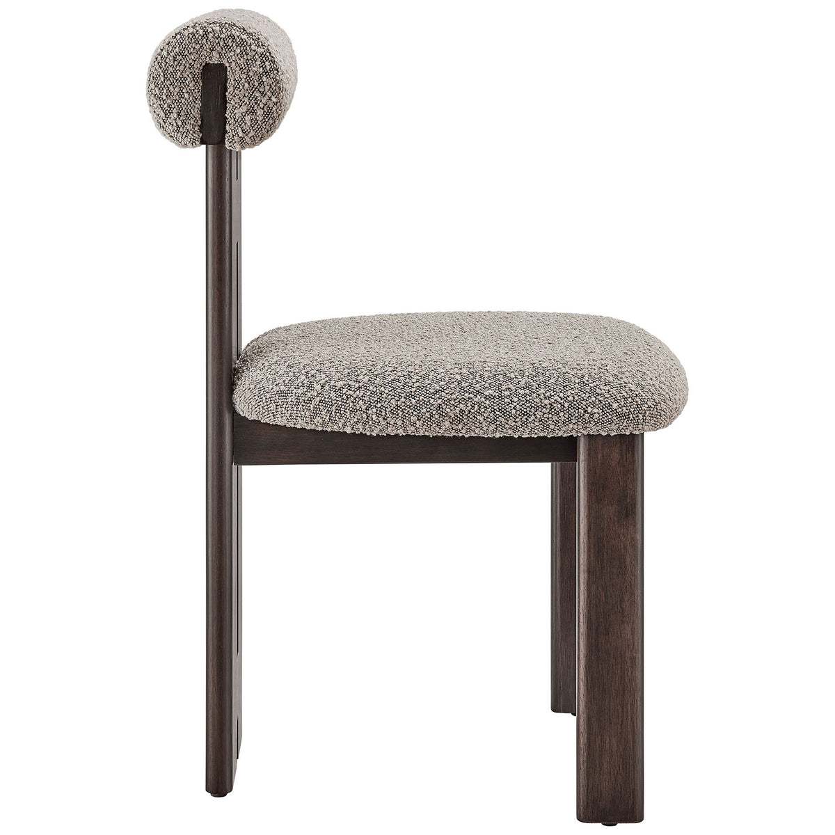Taupe boucle dining chair with round seat, pillow-style backrest, and distinctive three-leg silhouette. || EEI-6960-WEN-TAU || side_studio