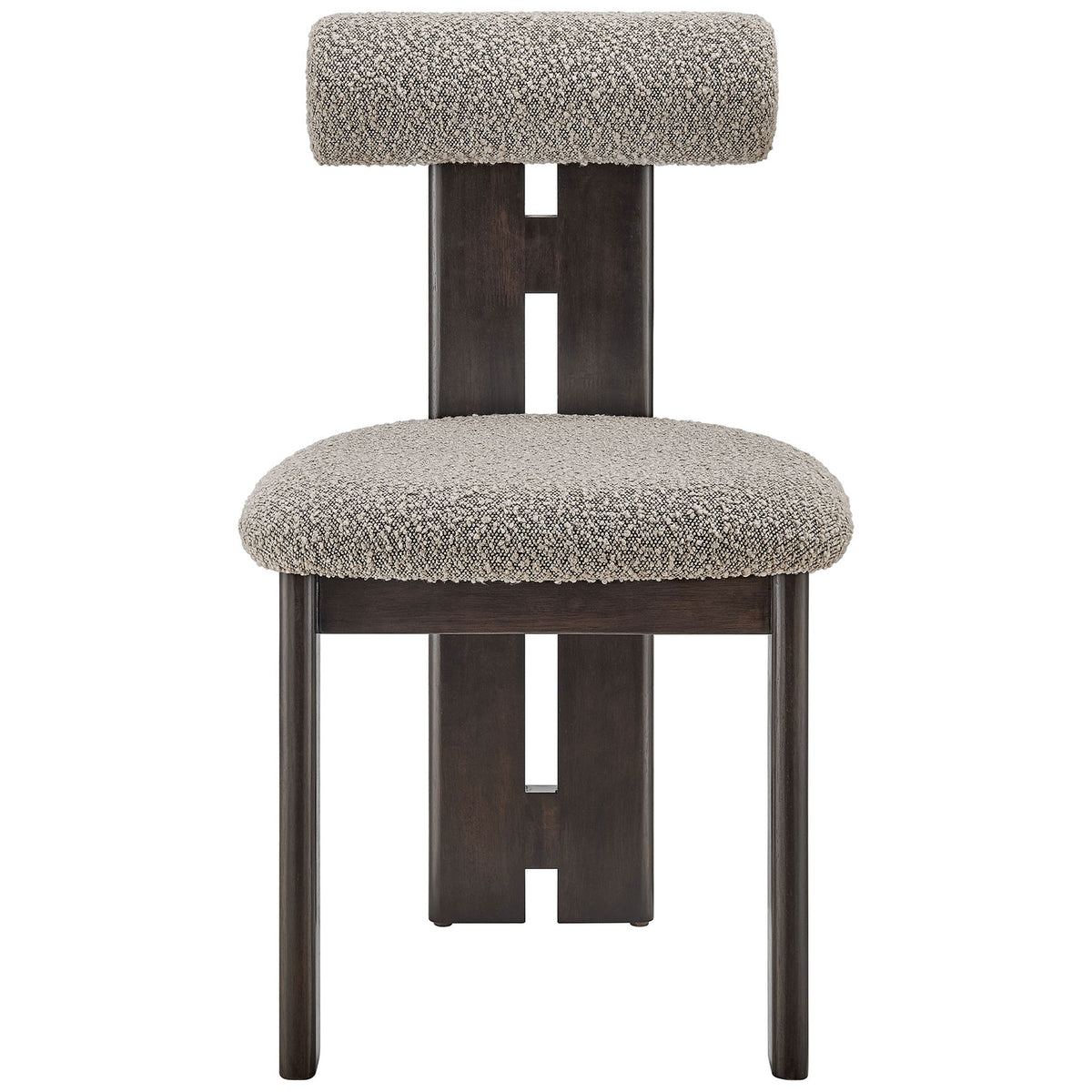 Taupe boucle dining chair with rounded seat, rolled backrest, and sculptural wenge three-leg base. || EEI-6960-WEN-TAU || front_studio