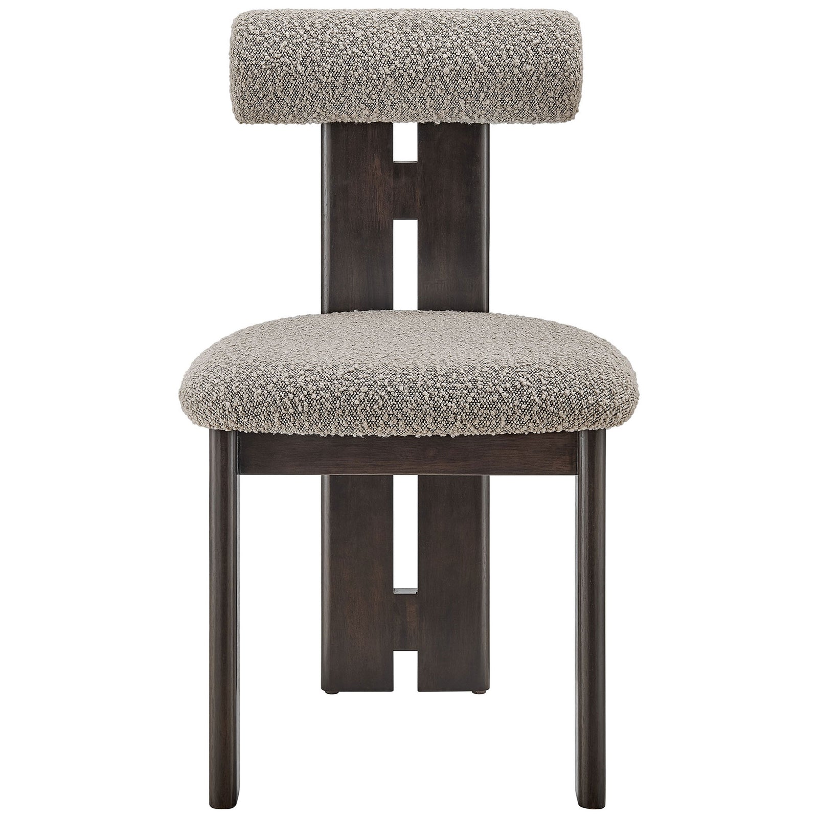 Taupe boucle dining chair with rounded seat, rolled backrest, and sculptural wenge three-leg base. || EEI-6960-WEN-TAU || front_studio