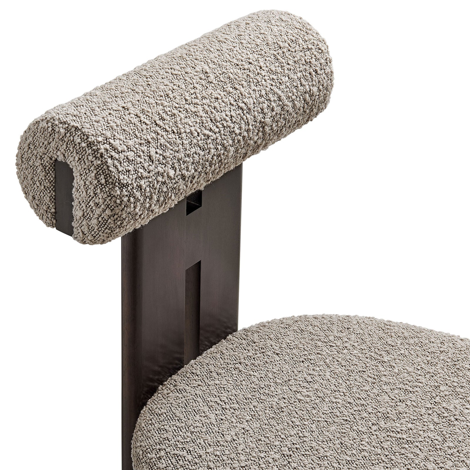 Taupe boucle upholstery with plush texture and cylindrical roll-back cushion atop rich wenge wood frame. || EEI-6960-WEN-TAU || detail_studio