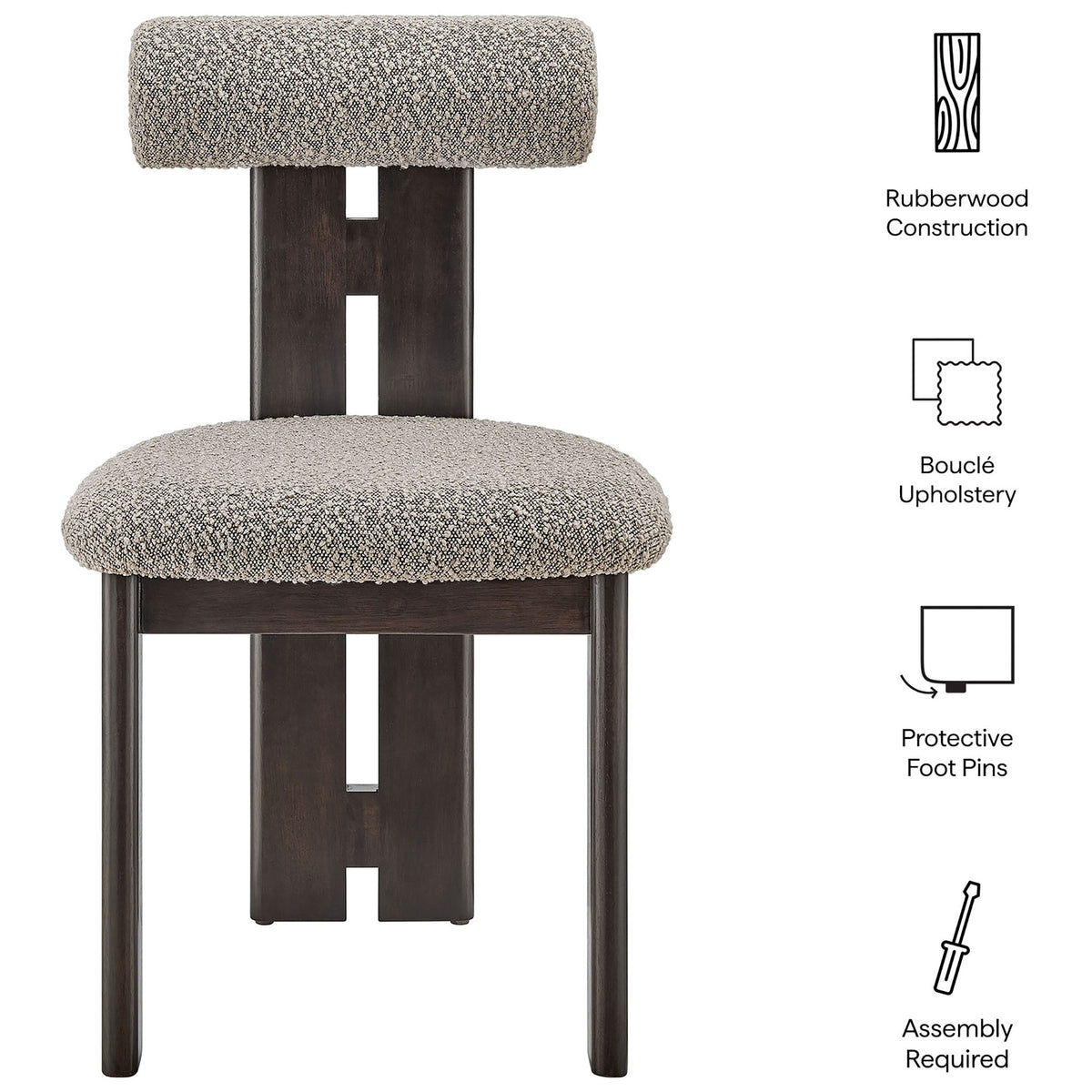 Feature graphic highlighting rubberwood construction, boucle upholstery, protective foot pins, and simple assembly. || EEI-6960-WEN-TAU || callout_studio