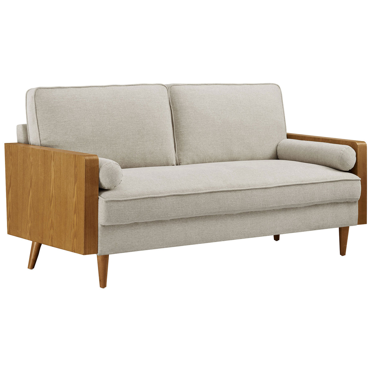 Inviting mid-century sofa with plush heathered ivory cushions and cylindrical bolster pillows on walnut arms. || EEI-6961-WAL-HEI || front_angle_studio