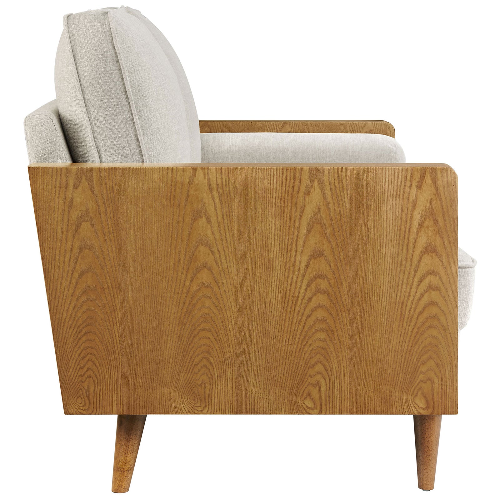 Deep-seat sofa profile with textured ivory cushions and full-height walnut veneer arm panel. || EEI-6961-WAL-HEI || side_studio