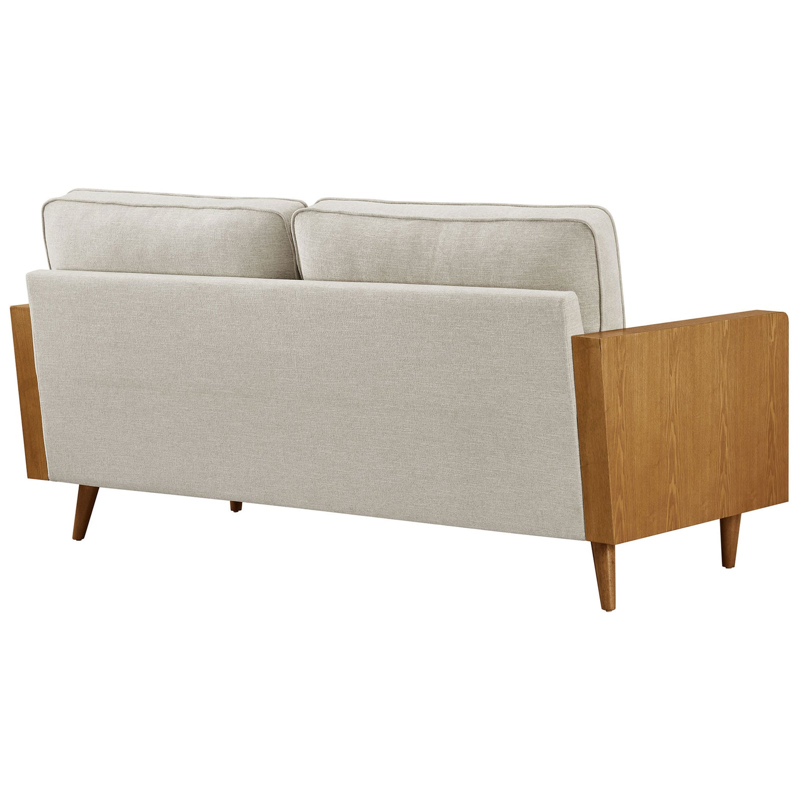 Clean-lined sofa back with smooth ivory upholstery framed by warm walnut veneer side panels. || EEI-6961-WAL-HEI || back_studio