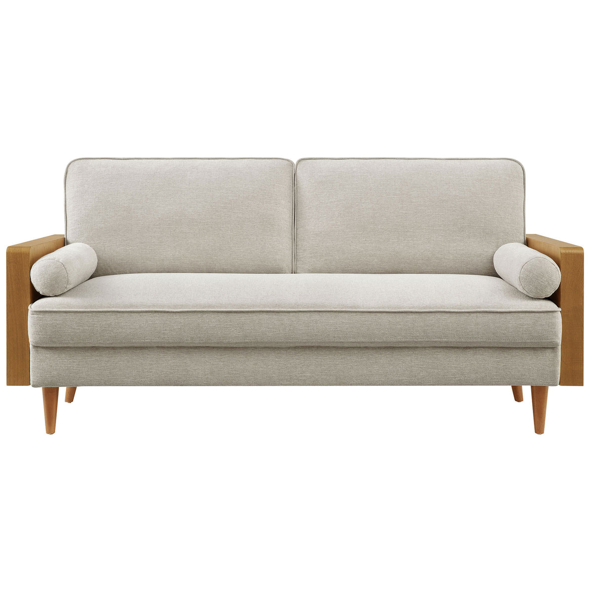 Kellan three-seat sofa in heathered ivory fabric with walnut veneer arms and tapered wood legs. || EEI-6961-WAL-HEI || front_studio
