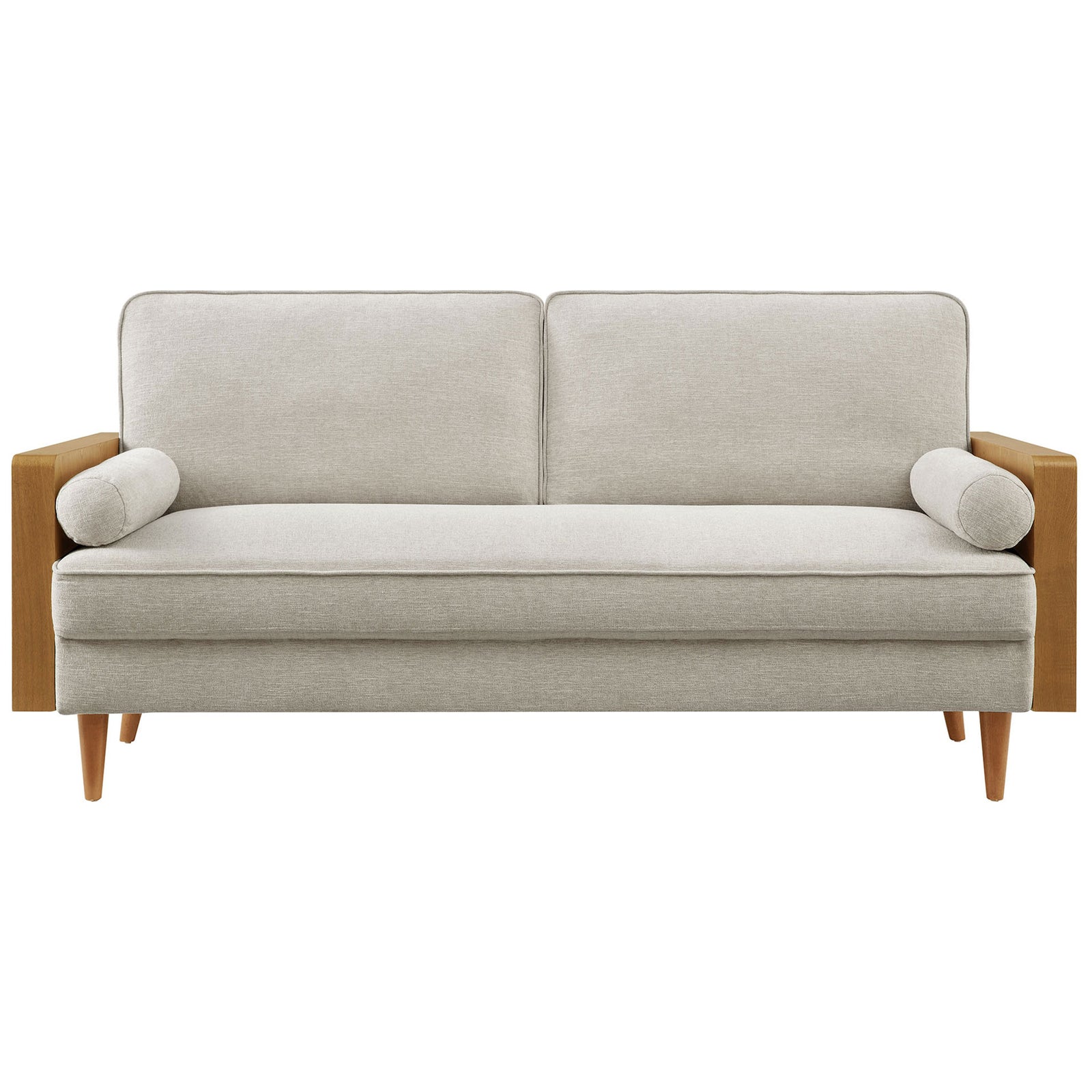 Kellan three-seat sofa in heathered ivory fabric with walnut veneer arms and tapered wood legs. || EEI-6961-WAL-HEI || front_studio