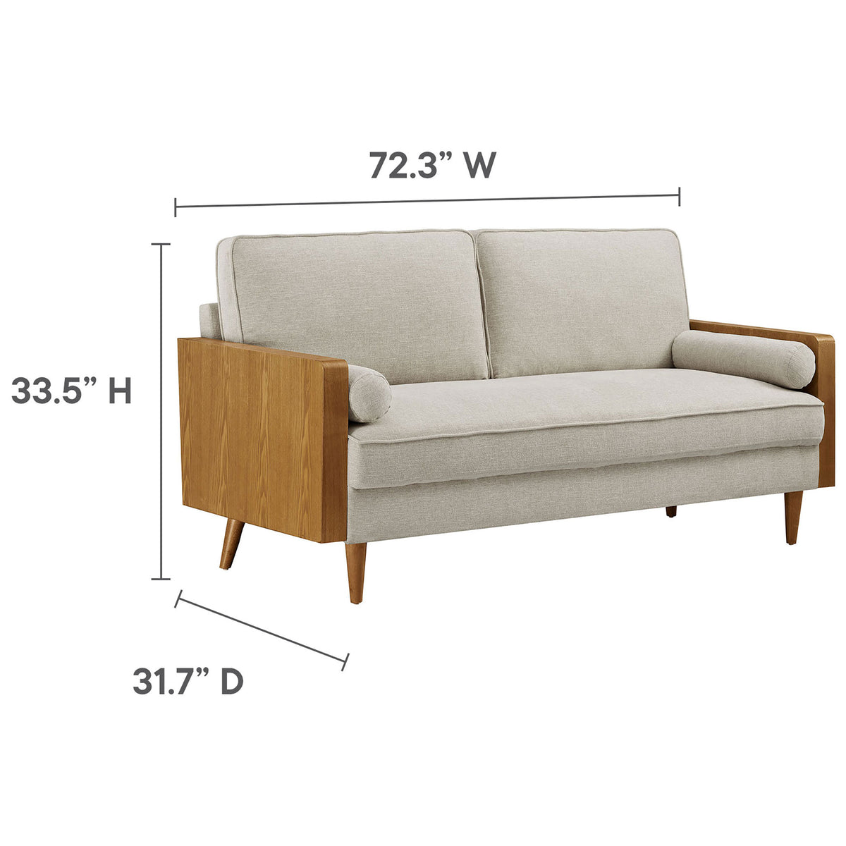 Dimension graphic for the Kellan sofa showing overall width, height, and depth measurements. || EEI-6961-WAL-HEI || dimension_studio