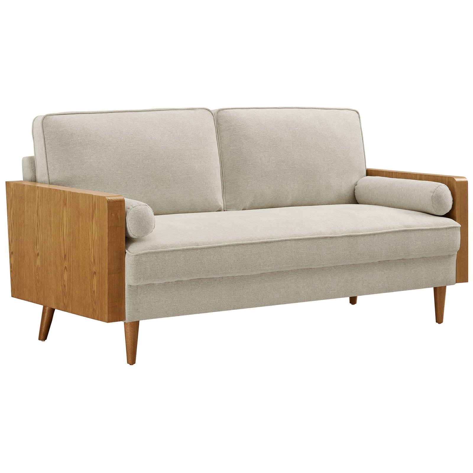 Mid-century sofa with beige heathered fabric, wood veneer arms, and tapered legs for cozy modern seating || EEI-6961-WAL-HLB || front_angle_studio