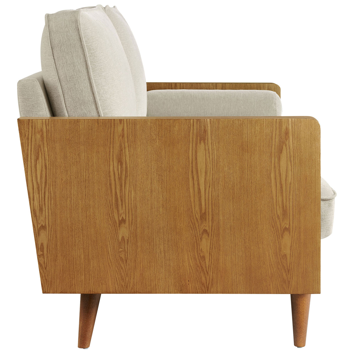 Wood grain sofa panel showcases warm veneer paired with soft beige cushions for a refined look || EEI-6961-WAL-HLB || side_studio