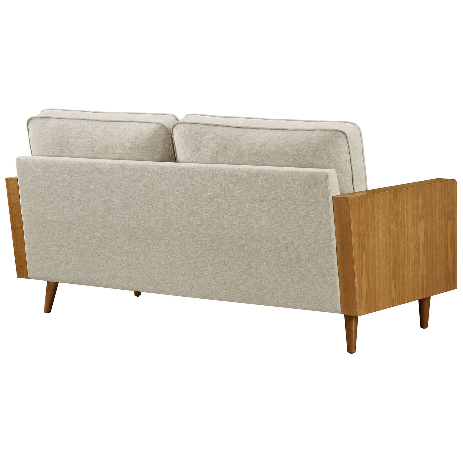 Tailored back cushions and smooth beige upholstery create a clean, streamlined profile on this sofa || EEI-6961-WAL-HLB || back_angle_studio