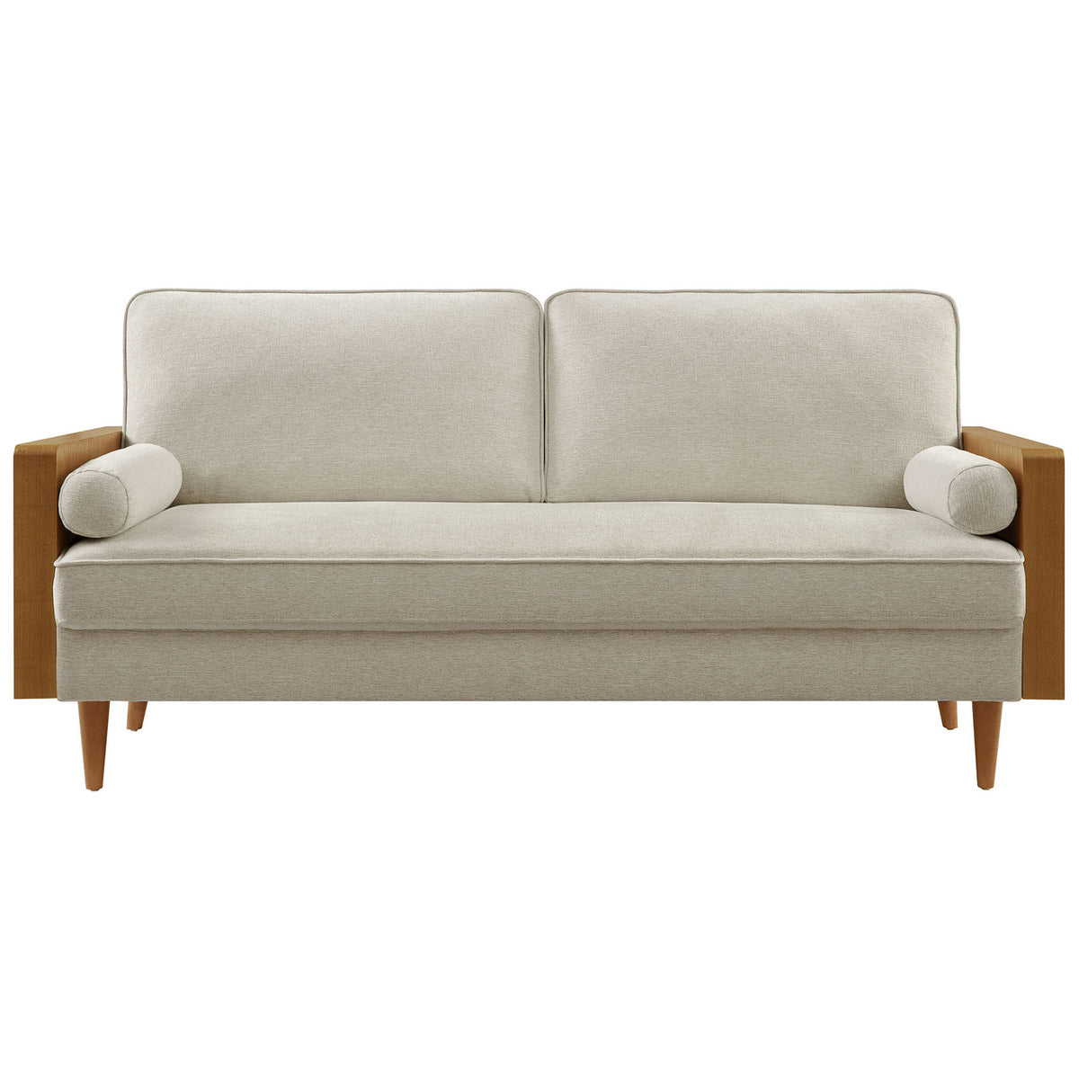 Neutral heathered sofa with twin back cushions and bolsters, framed by warm wood arms and tapered legs || EEI-6961-WAL-HLB || front_studio
