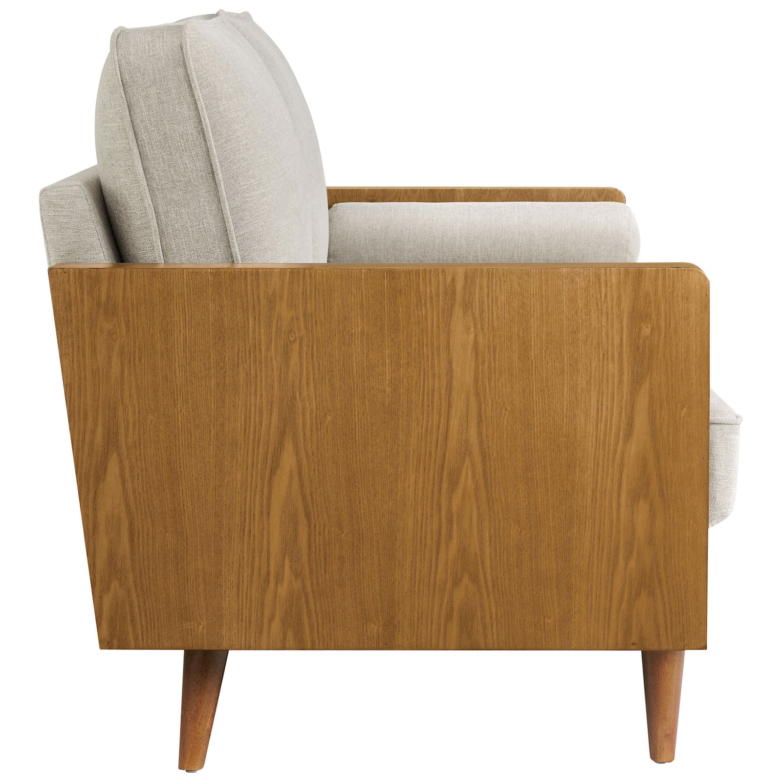 Ivory heathered loveseat showcasing the warm wood veneer arm panel and clean tapered leg profile || EEI-6962-WAL-HEI || side_studio