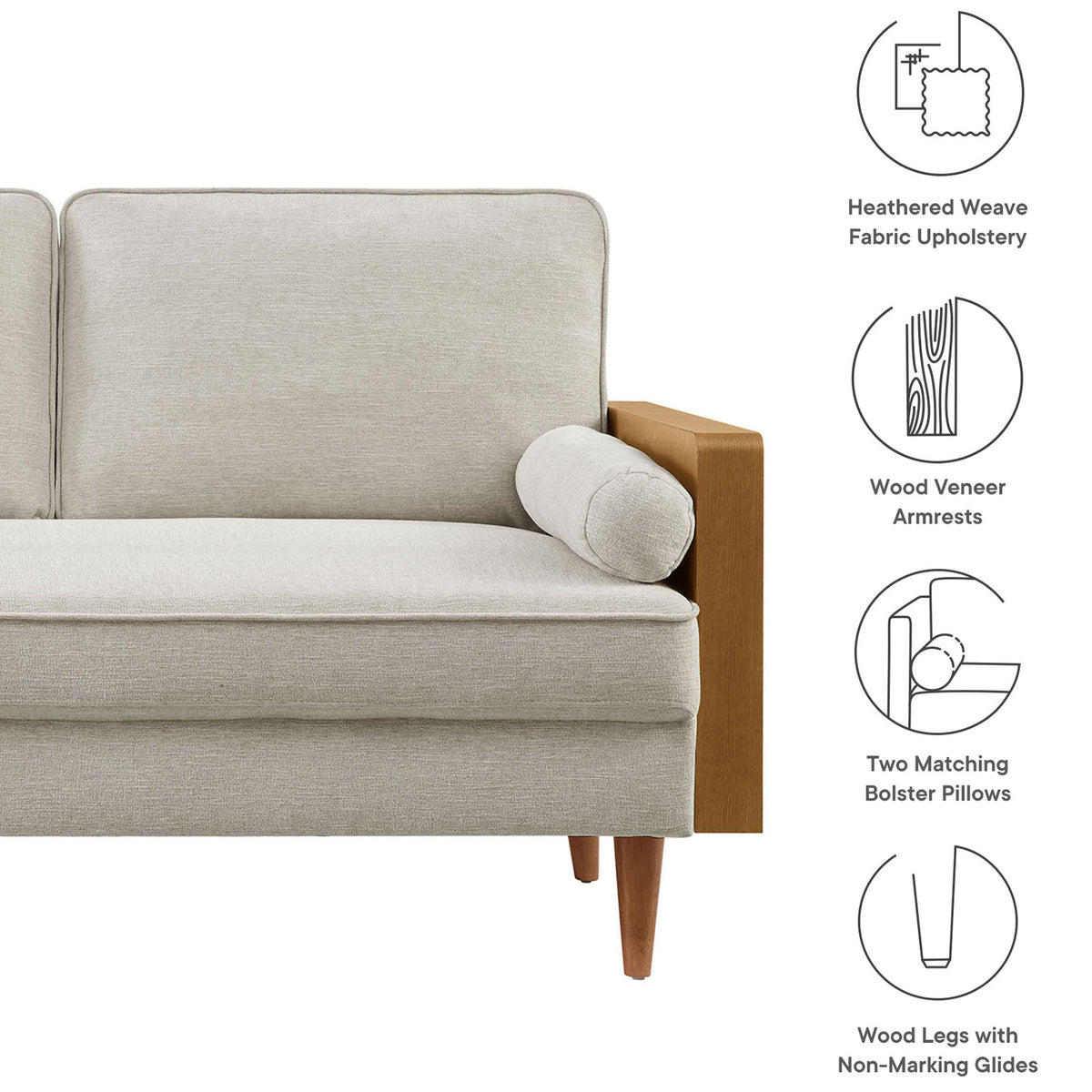 Ivory loveseat with wood arms and bolster pillows plus icons noting fabric, arm, cushion, and leg features || EEI-6962-WAL-HEI || callout_studio