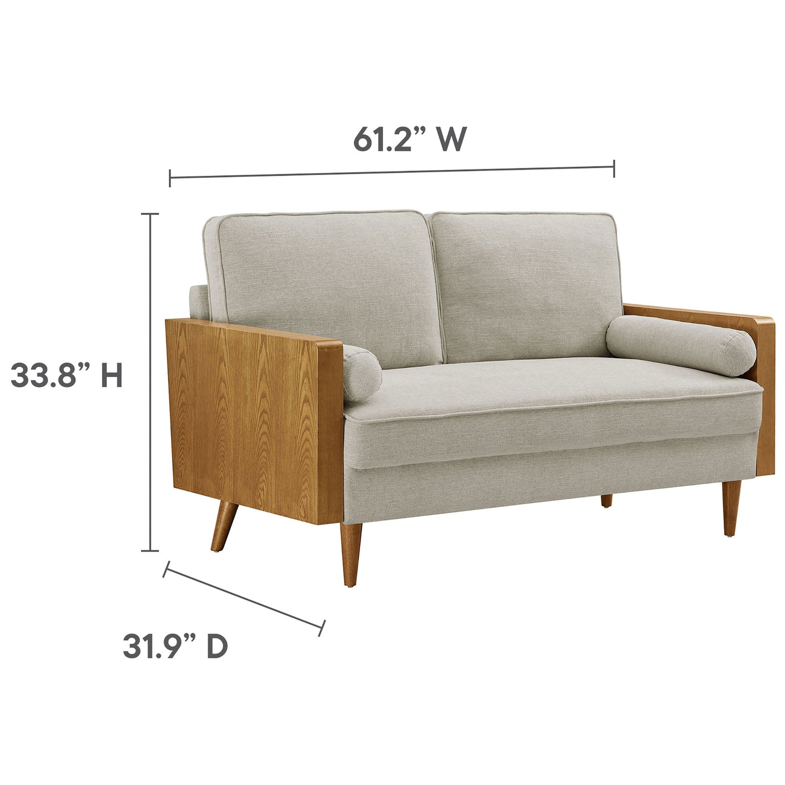 Ivory heathered loveseat with wood arms and tapered legs shown with width, depth, and height measurements || EEI-6962-WAL-HEI || dimension_studio