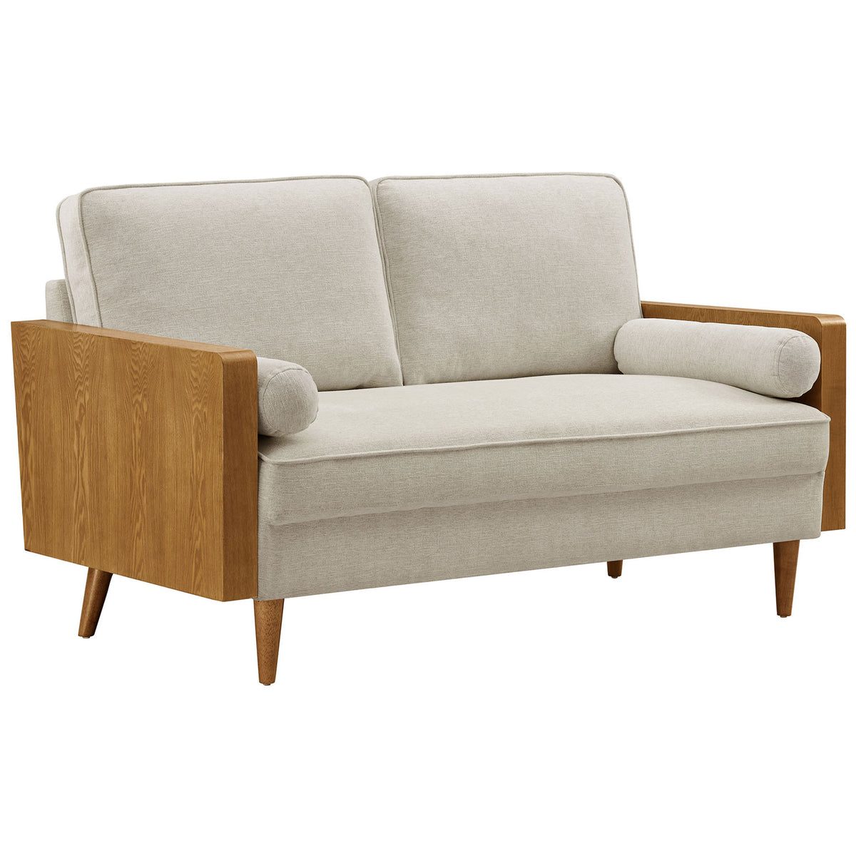 Walnut arm loveseat with tapered wood legs and soft heathered beige cushions || EEI-6962-WAL-HLB || front_angle_studio