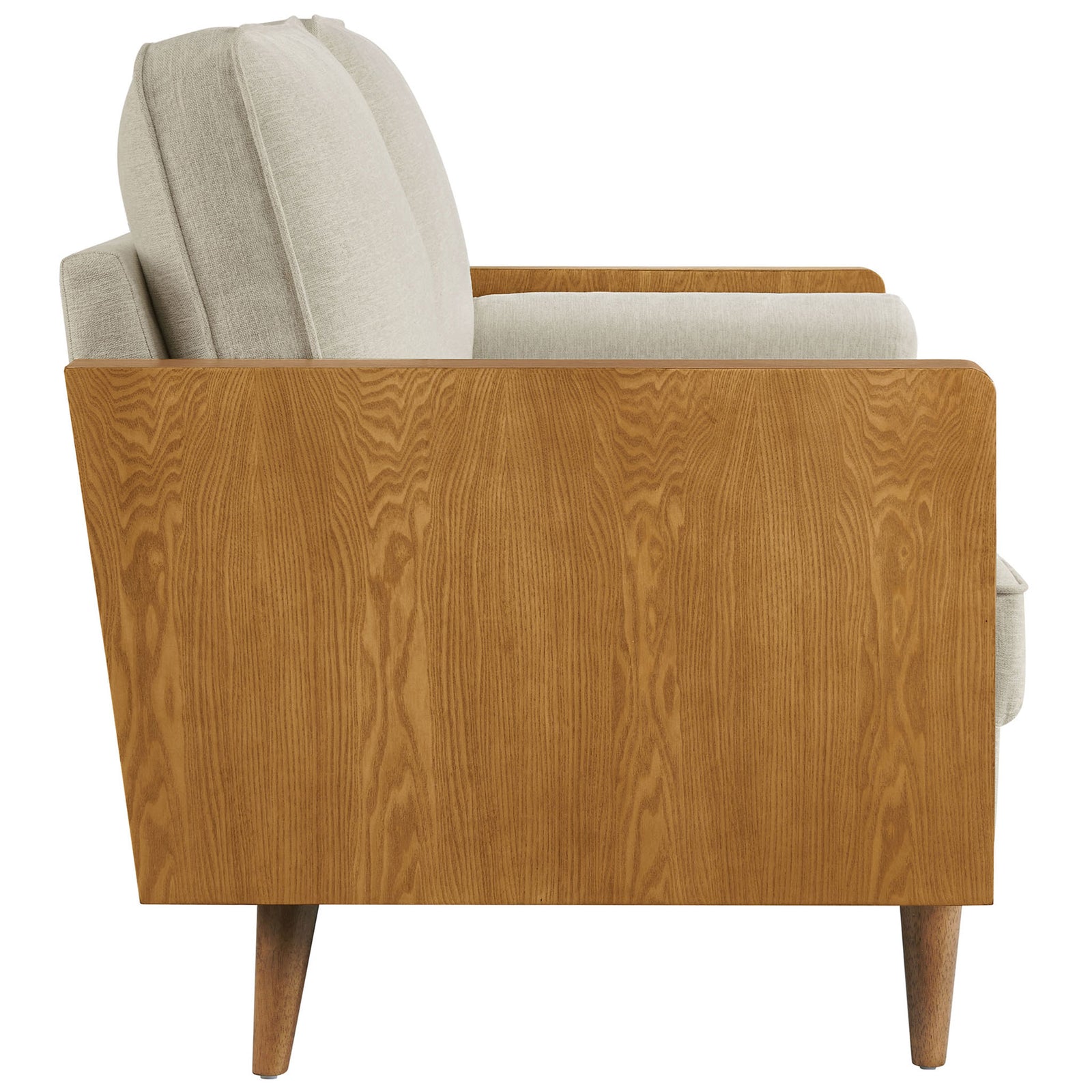 Kellan loveseat showcases a tall walnut veneer arm panel and slim mid-century tapered legs || EEI-6962-WAL-HLB || side_studio