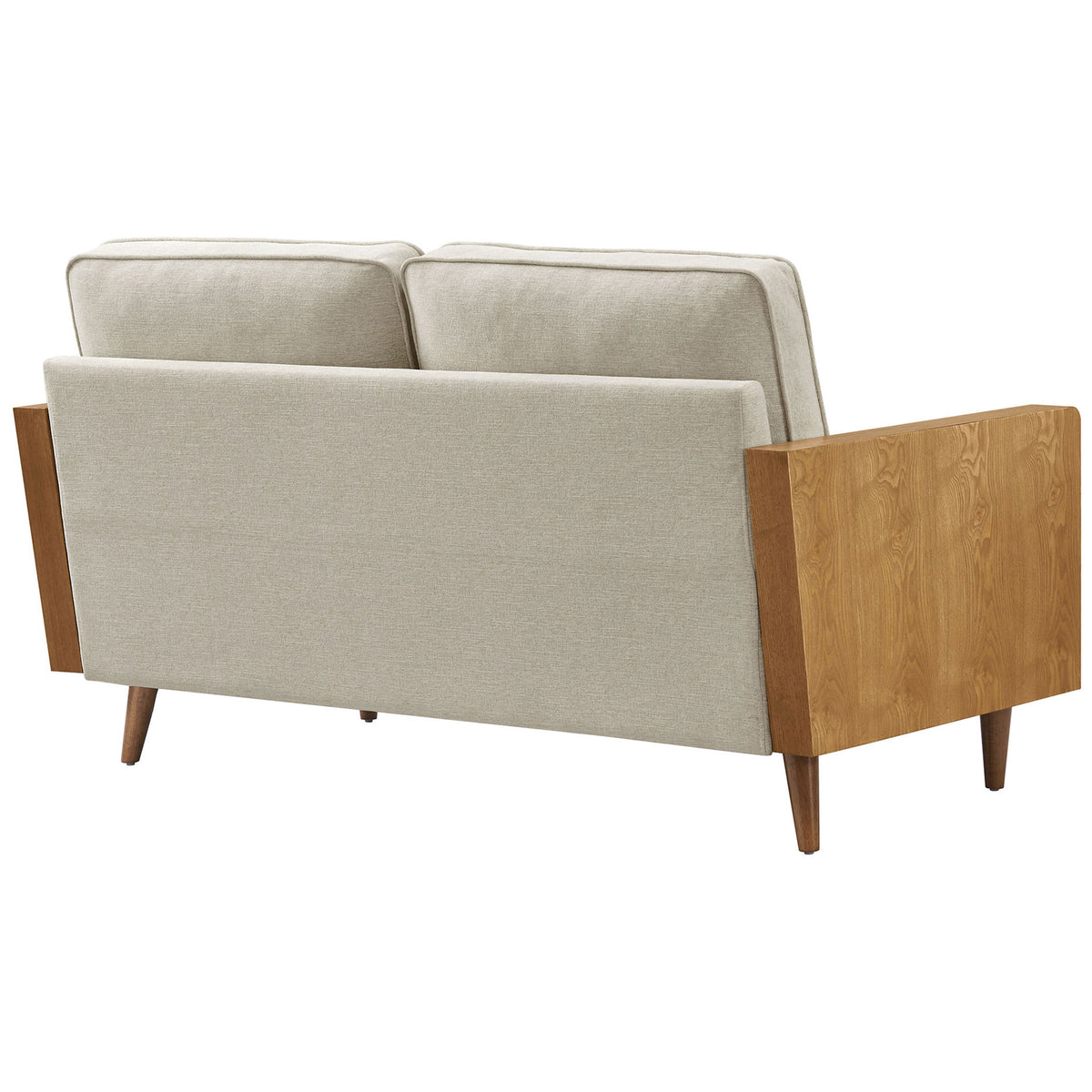 A clean-lined backrest and walnut sides give this compact loveseat a tailored modern profile || EEI-6962-WAL-HLB || back_angle_studio