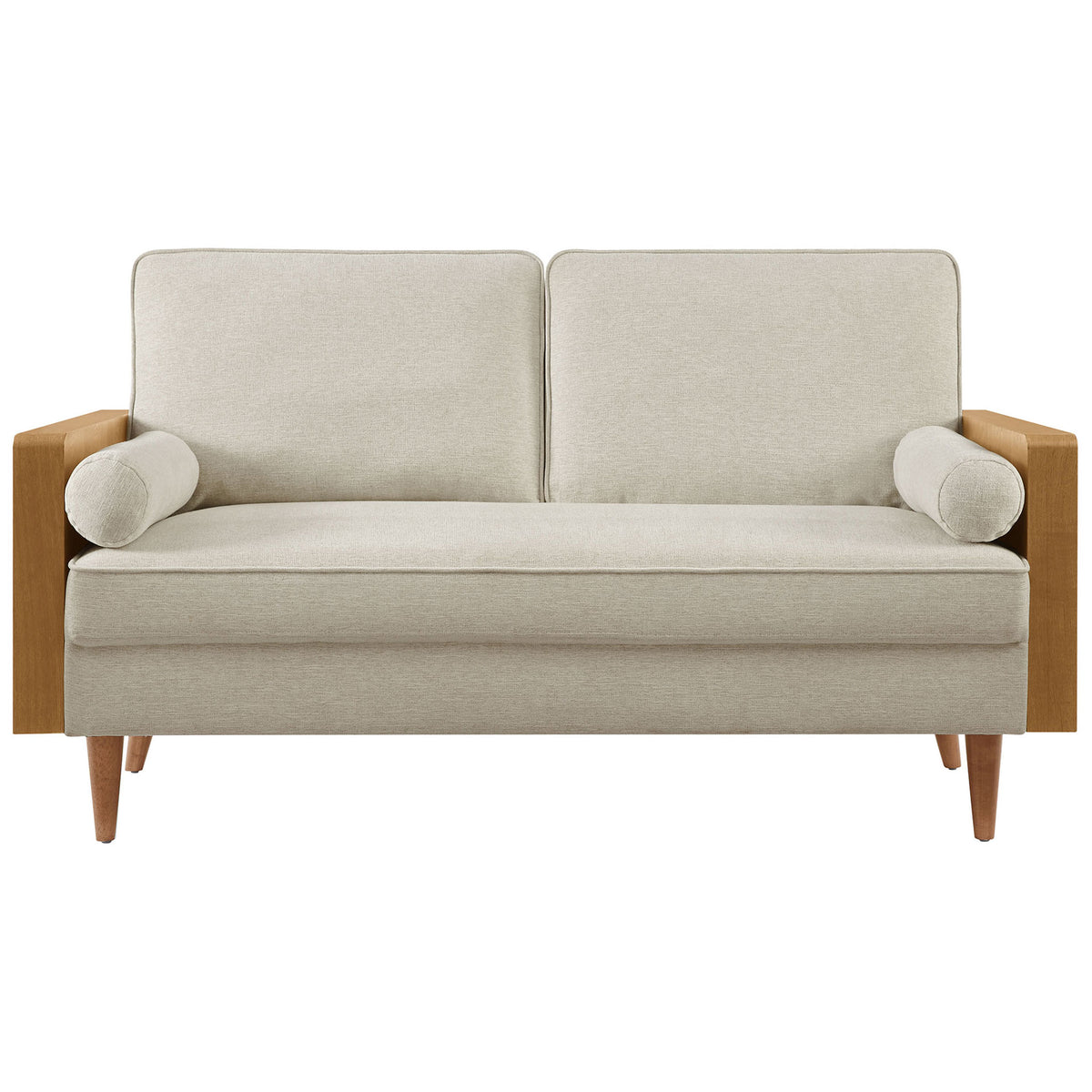 Mid-century loveseat with heathered beige upholstery, walnut veneer arms, and bolster pillows || EEI-6962-WAL-HLB || front_studio