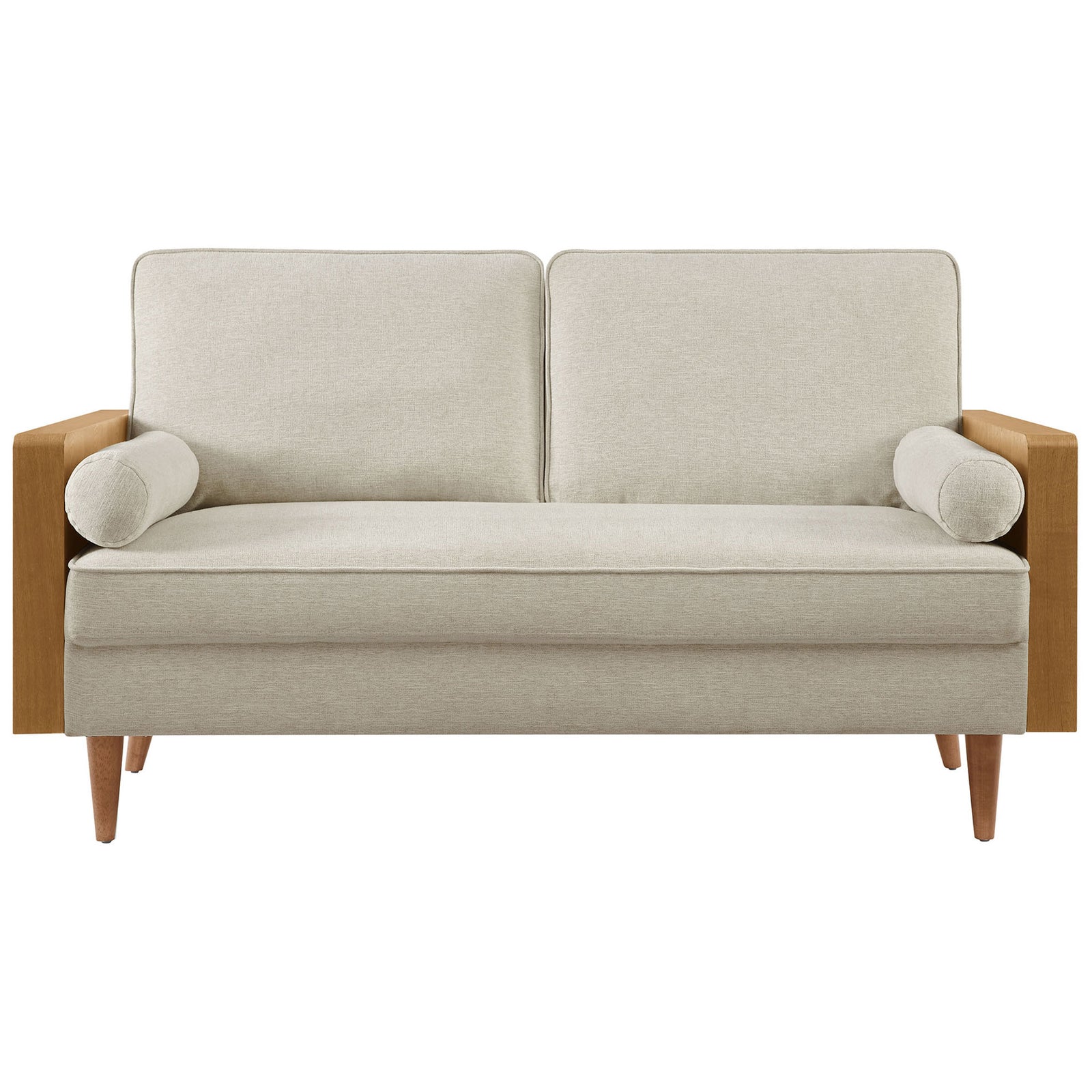 Mid-century loveseat with heathered beige upholstery, walnut veneer arms, and bolster pillows || EEI-6962-WAL-HLB || front_studio