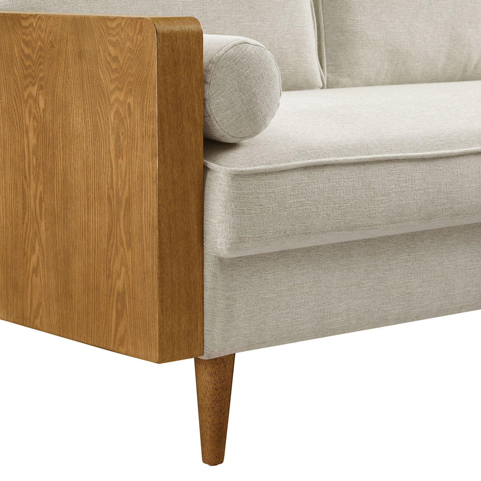 Walnut veneer armrest with round bolster pillow and textured beige seat upholstery || EEI-6962-WAL-HLB || detail_studio