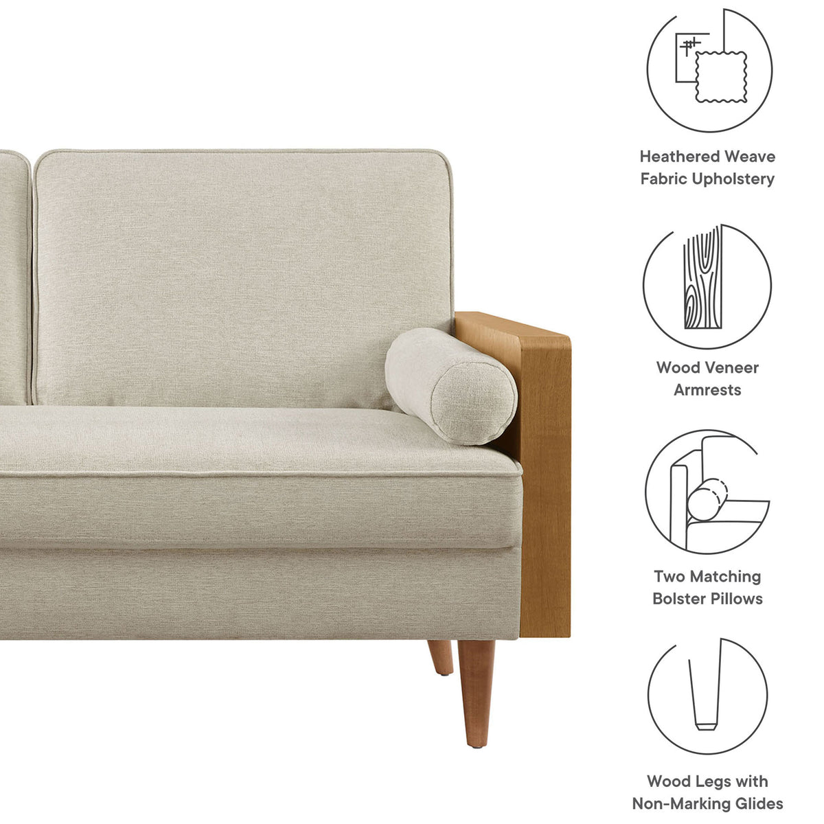 Loveseat highlighting heathered fabric, walnut veneer armrests, bolster pillows, and tapered wood legs || EEI-6962-WAL-HLB || callout_studio