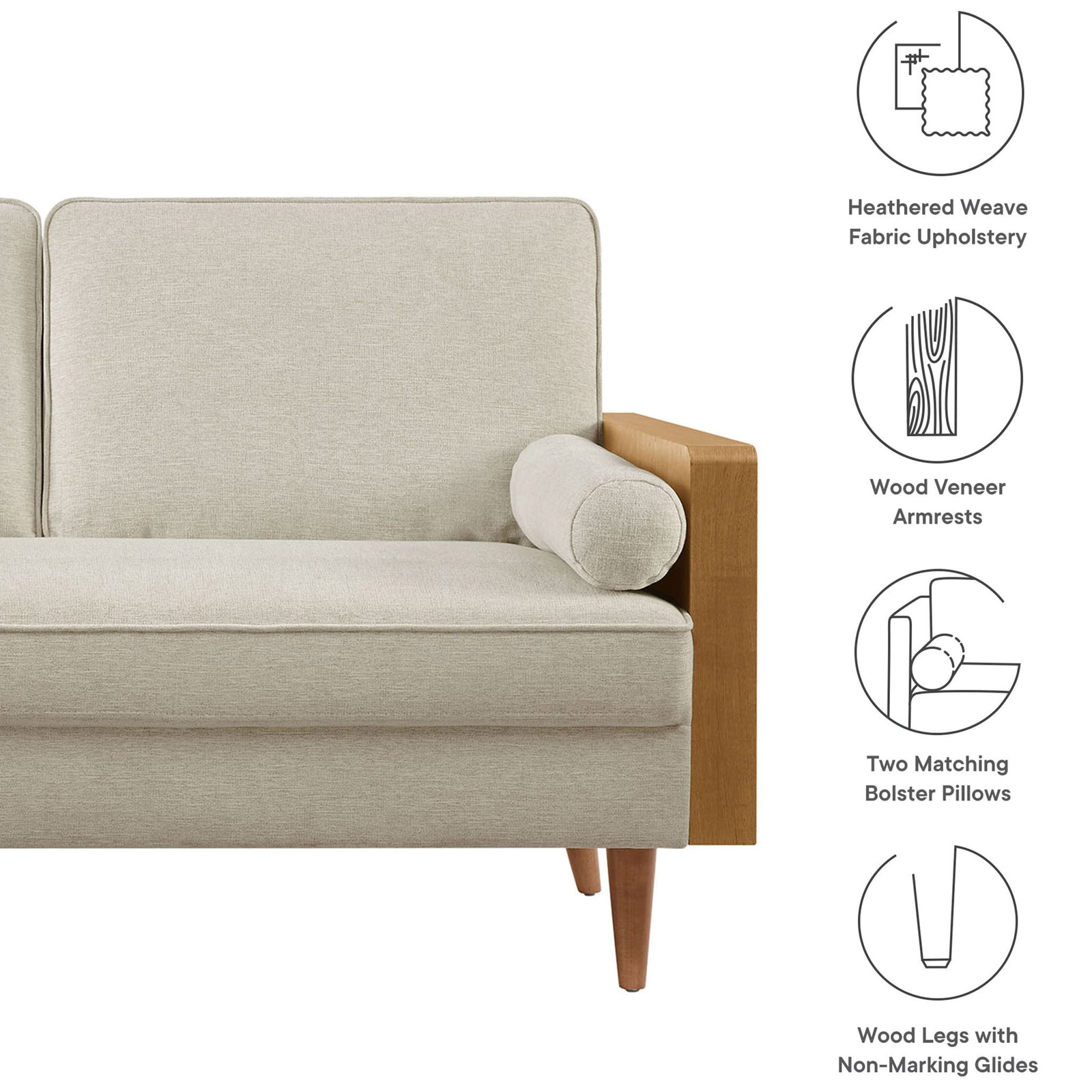 Loveseat highlighting heathered fabric, walnut veneer armrests, bolster pillows, and tapered wood legs || EEI-6962-WAL-HLB || callout_studio