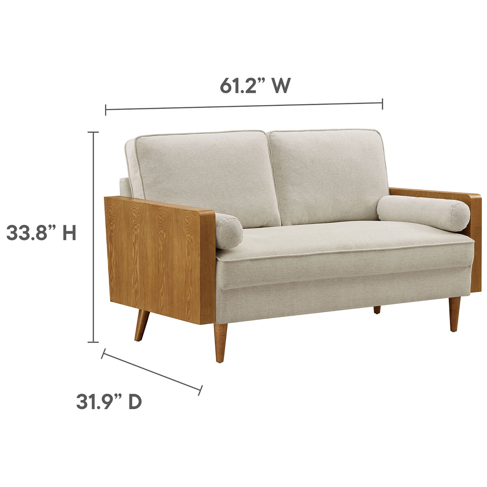 Compact 61 inch Kellan loveseat with walnut arms and plush beige cushions sized for small spaces || EEI-6962-WAL-HLB || dimension_studio