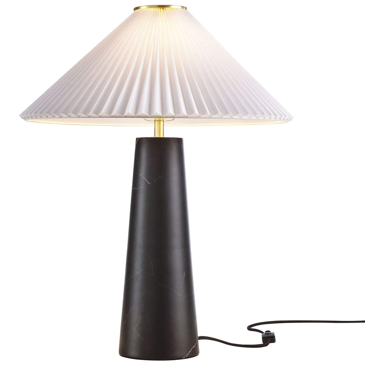 Warmly glowing Nera table lamp with black marble-look base and pleated white shade. || EEI-6963-BLK || front_on_studio