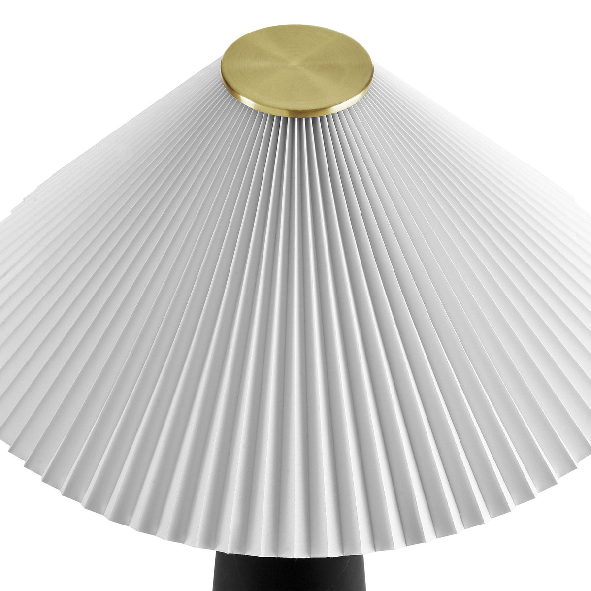 Crisp white pleated shade topped with a round brass plate on the Nera lamp. || EEI-6963-BLK || shade_studio