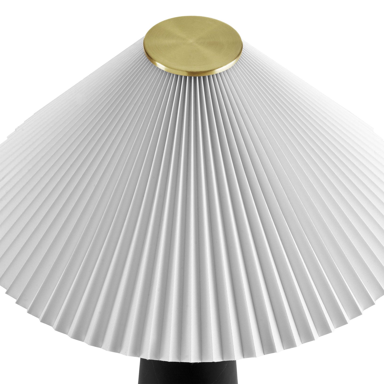 Crisp white pleated shade topped with a round brass plate on the Nera lamp. || EEI-6963-BLK || shade_studio