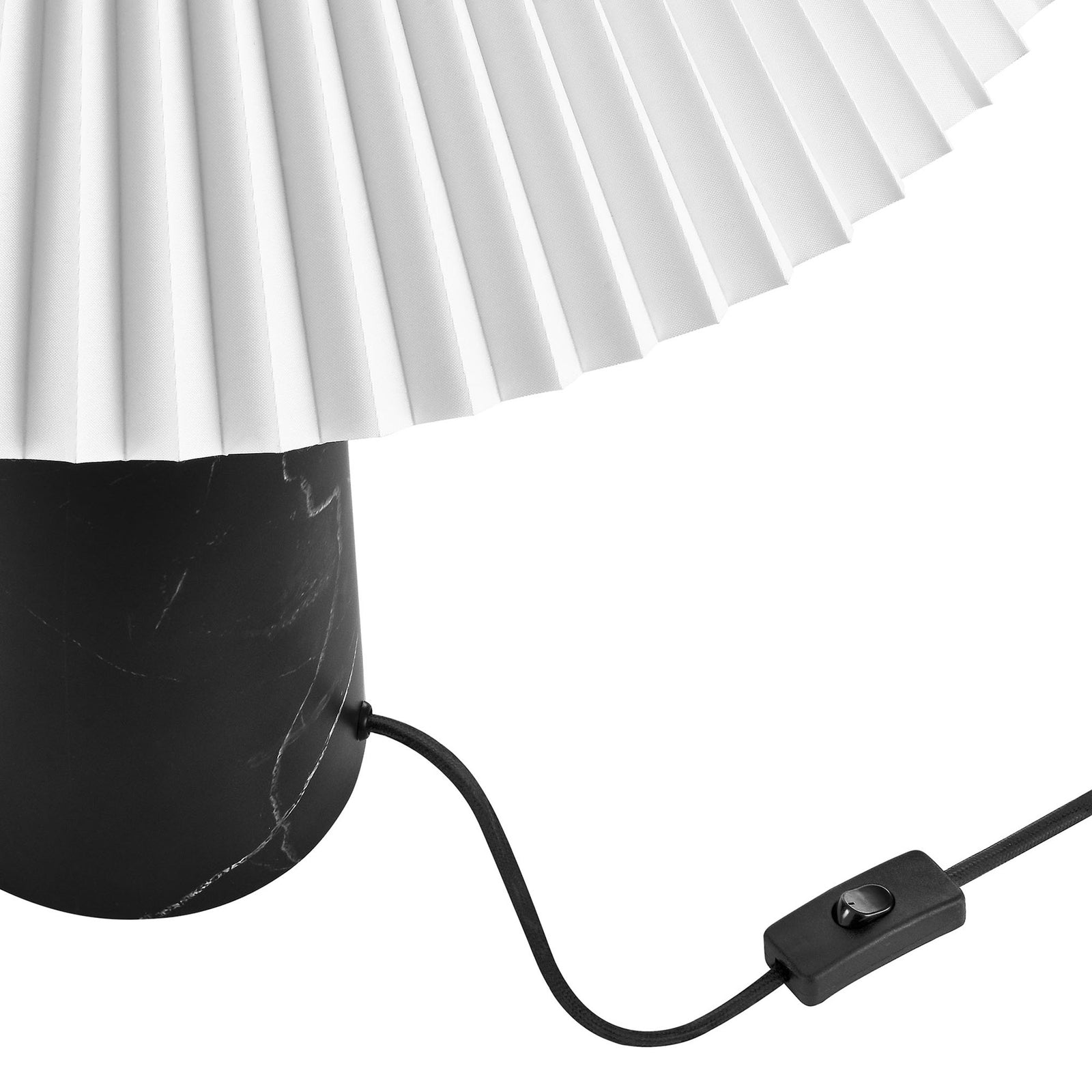 Black marble-look lamp base with fabric cord and inline rocker switch for easy control. || EEI-6963-BLK || detail_studio
