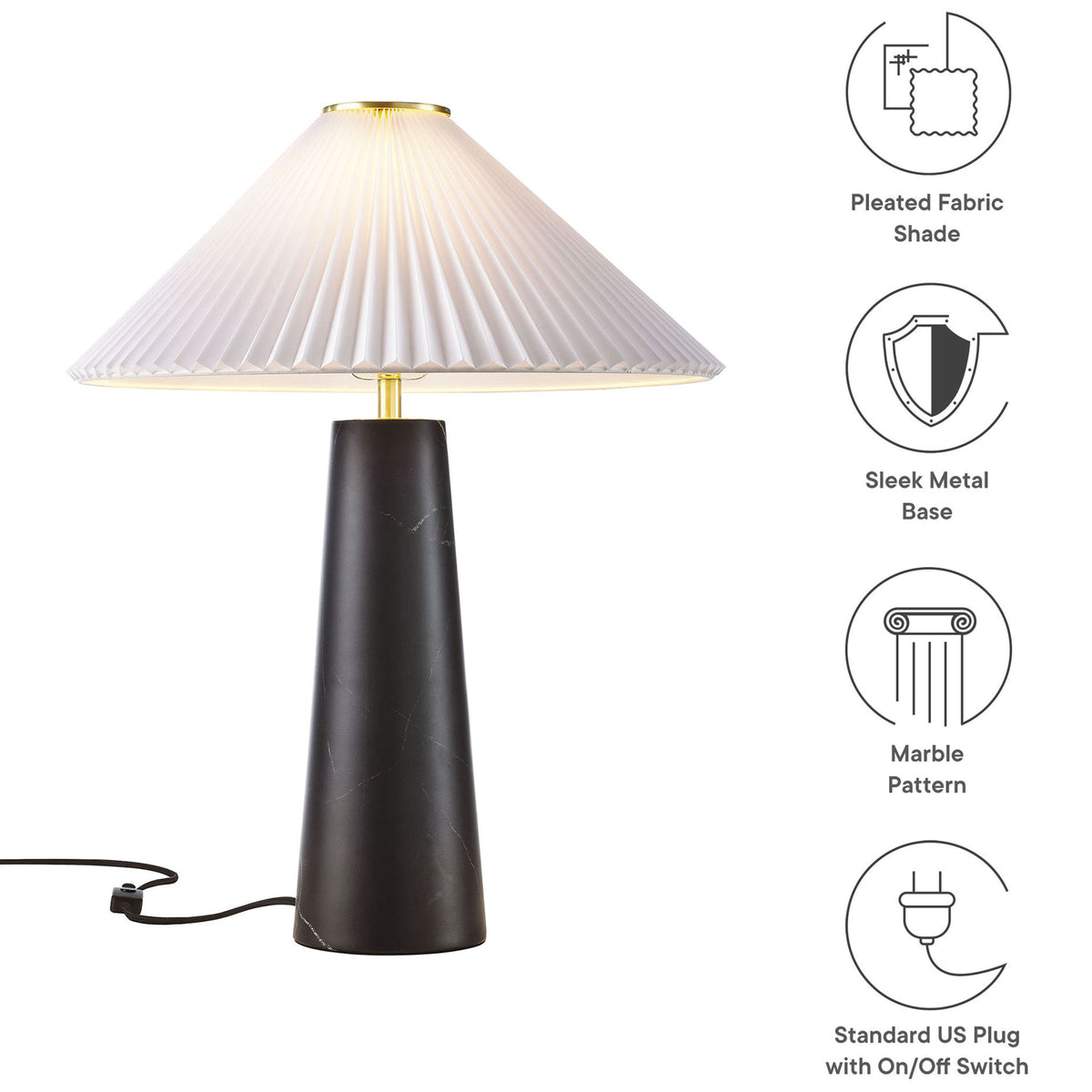 Nera black marble table lamp with pleated shade, sleek metal base, and standard plug features. || EEI-6963-BLK || callout_studio