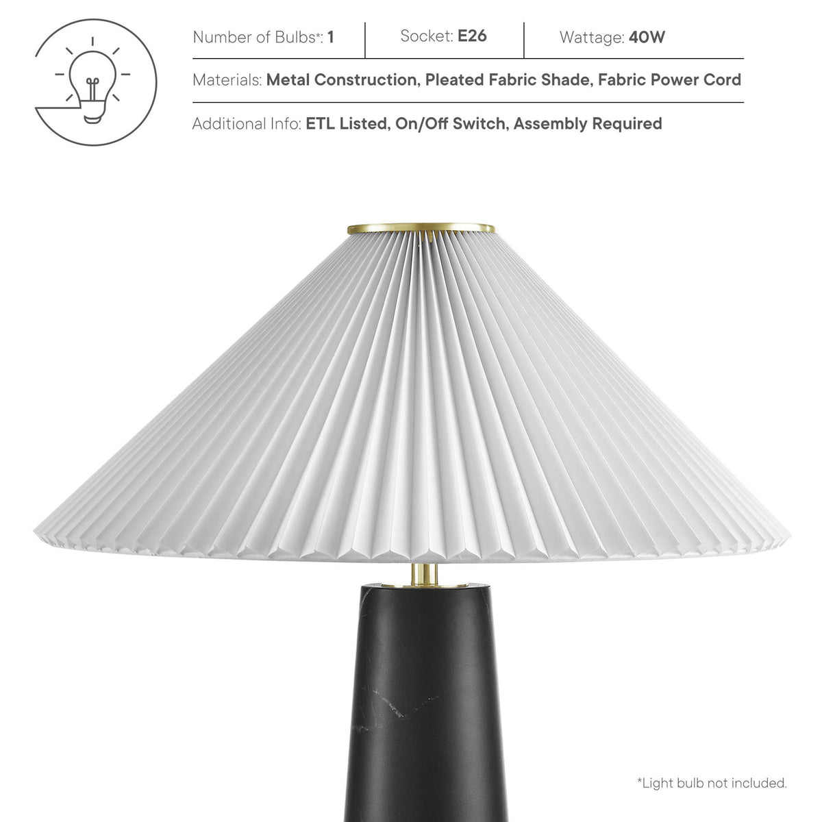 Lamp details highlighting metal construction, pleated fabric shade, and convenient on or off switch. || EEI-6963-BLK || callout_studio