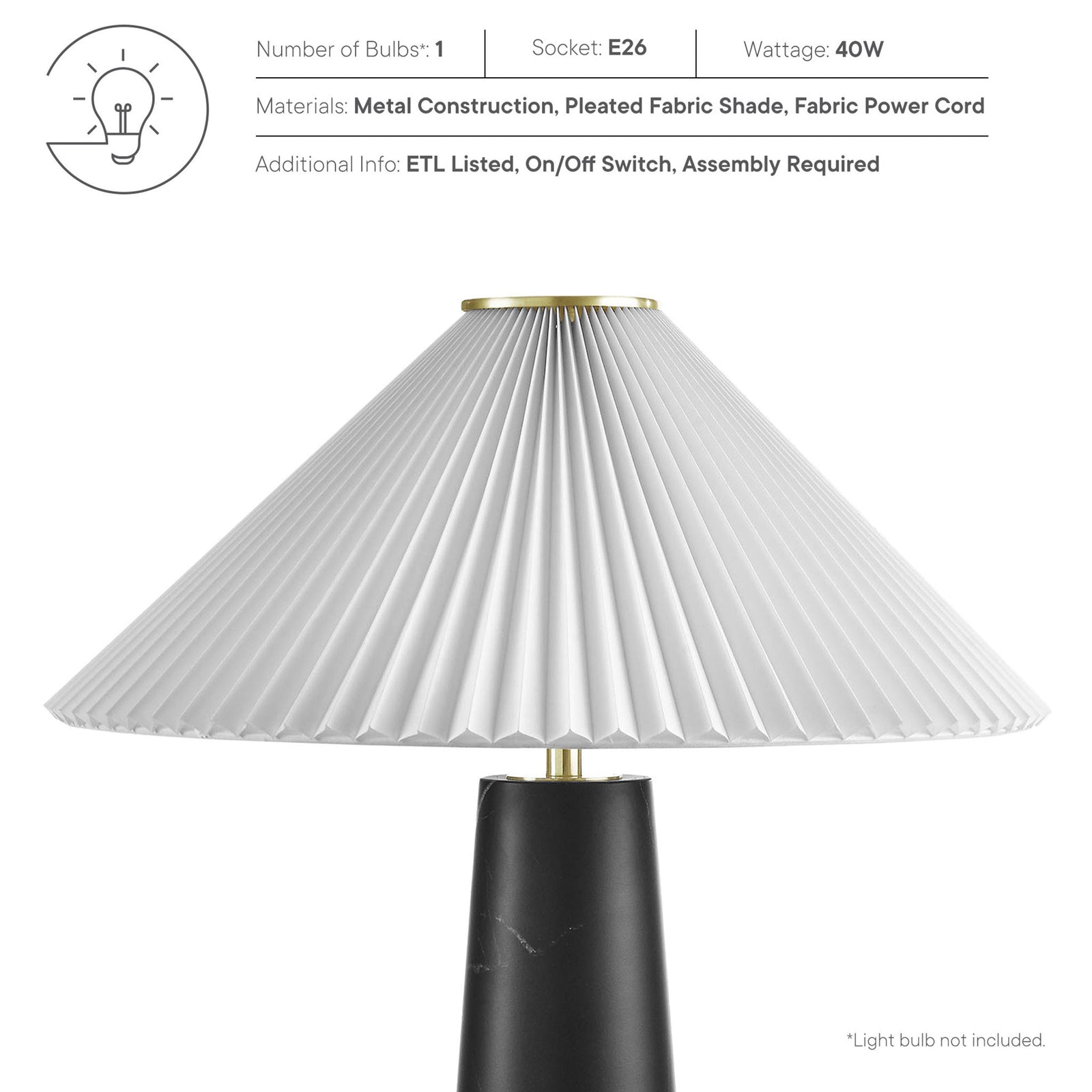 Lamp details highlighting metal construction, pleated fabric shade, and convenient on or off switch. || EEI-6963-BLK || callout_studio