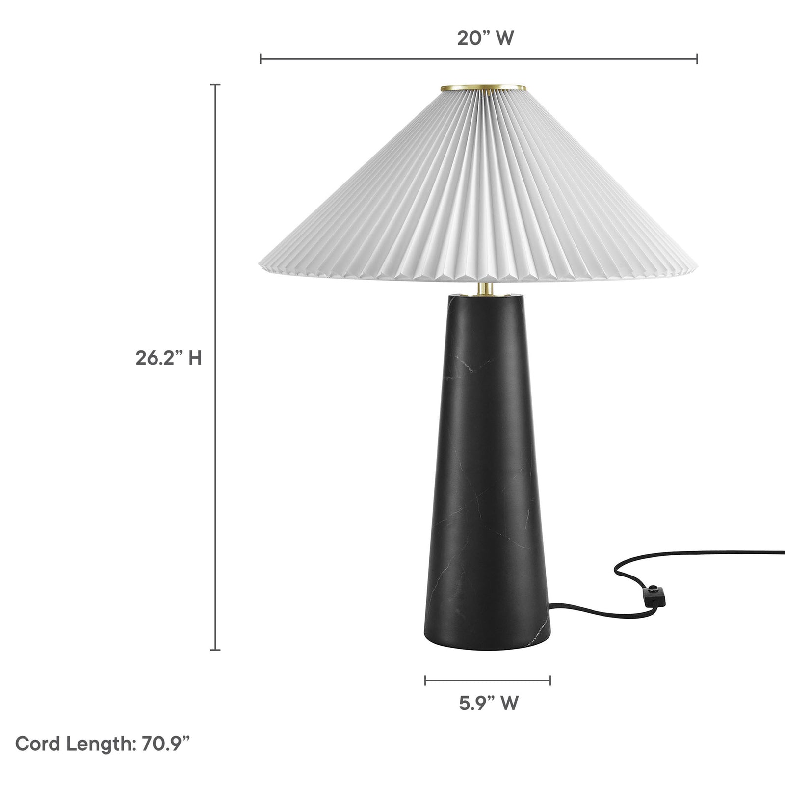 Nera black marble table lamp with dimensions showing wide shade and tall, slender base. || EEI-6963-BLK || dimension_studio