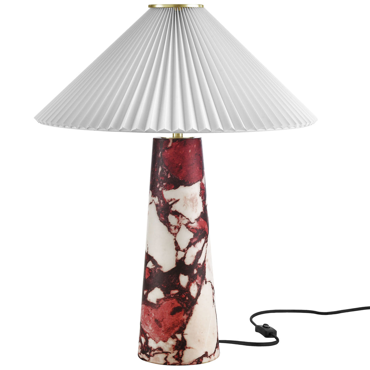 Red and cream marble-look Nera table lamp with crisp white pleated shade and brass accents. || EEI-6963-RED || front_studio