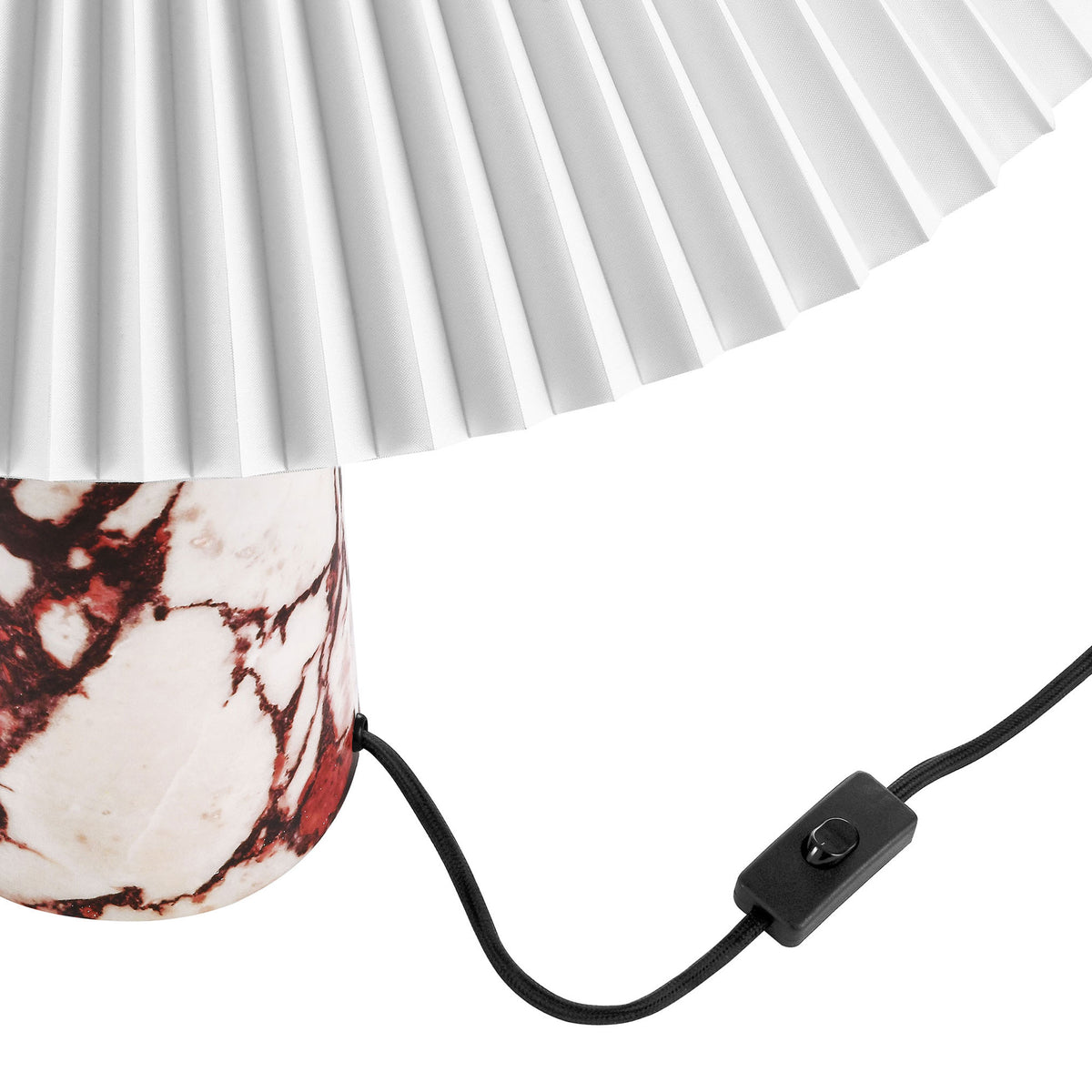 Red marble-look lamp base with black fabric cord and inline switch for quick lighting. || EEI-6963-RED || detail_studio