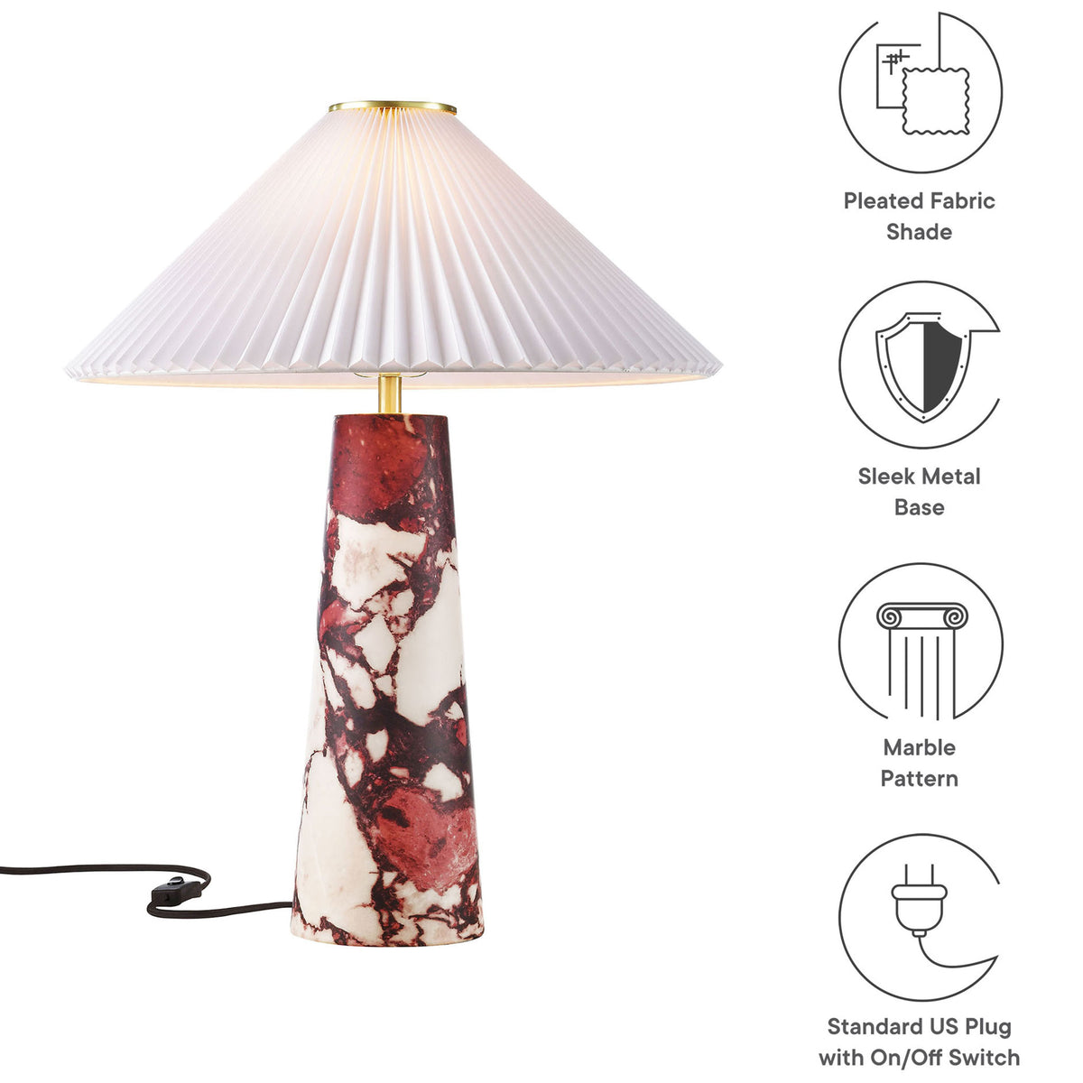 Nera red marble table lamp with pleated shade, sleek metal base, and standard plug highlights. || EEI-6963-RED || callout_studio