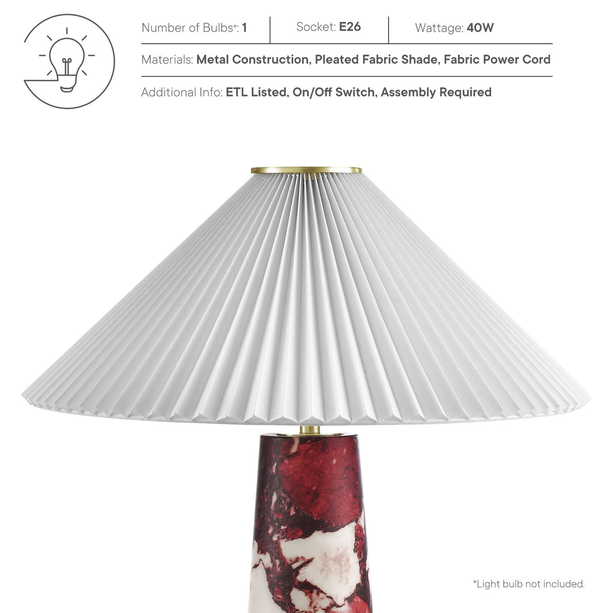 Lamp information panel outlining bulb type, wattage, materials, and safety features. || EEI-6963-RED || callout_studio